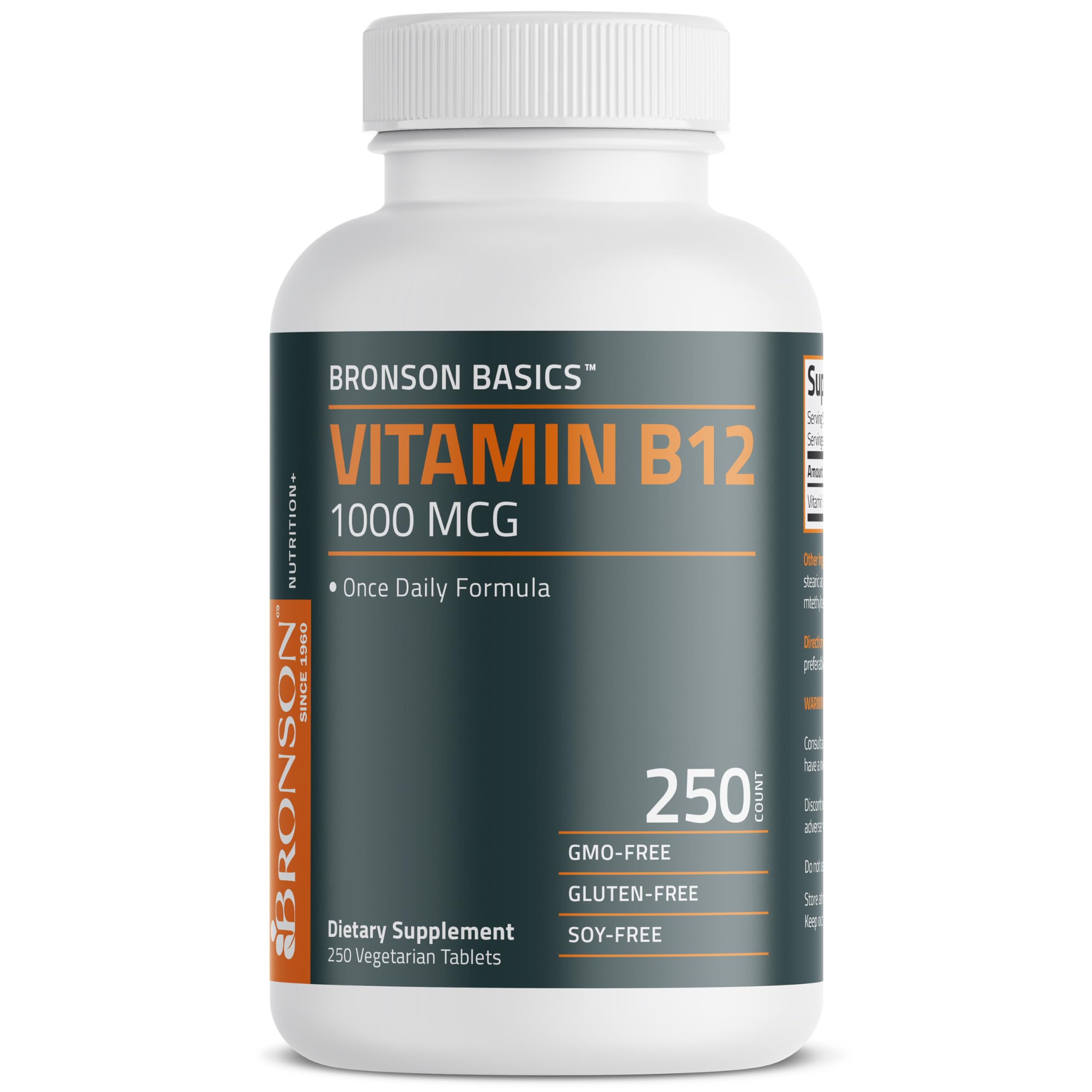 Bottle showing 250 vegetarian B12 tablets