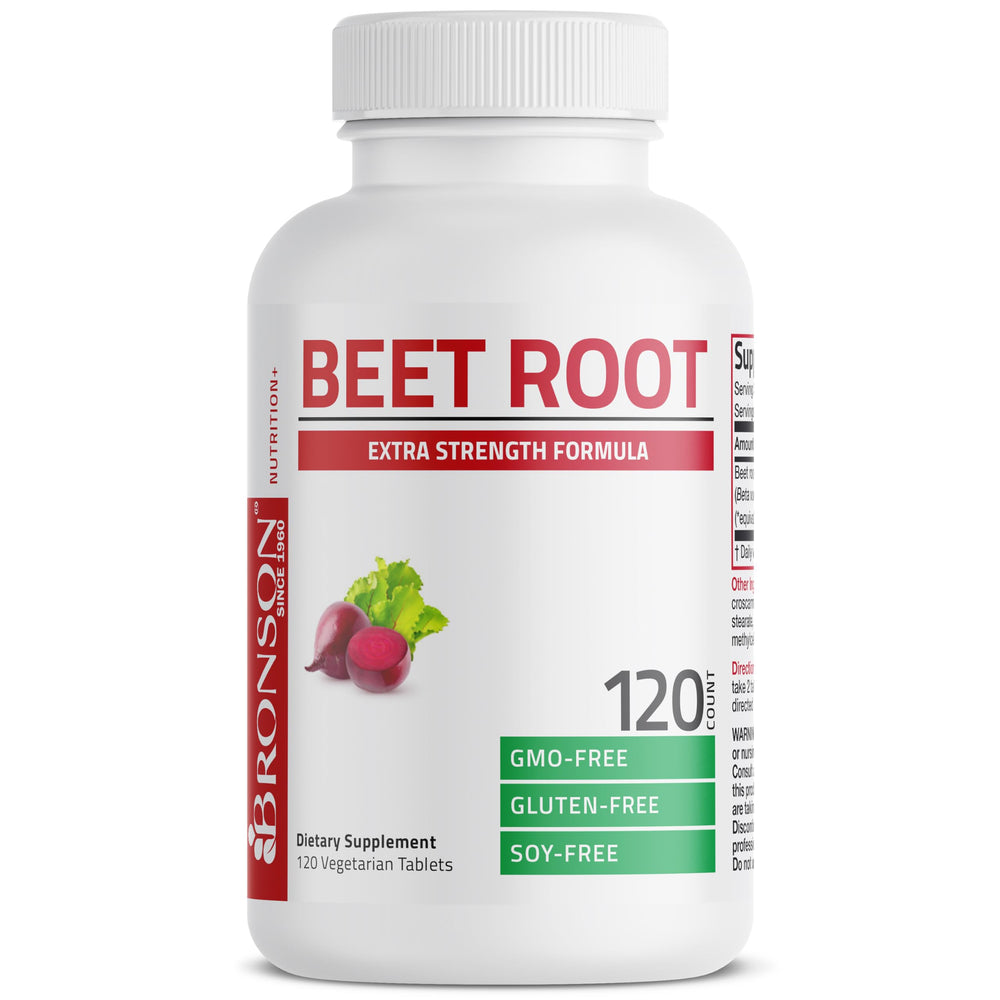 Close-up of Bronson Beet Root Extra Strength bottle.