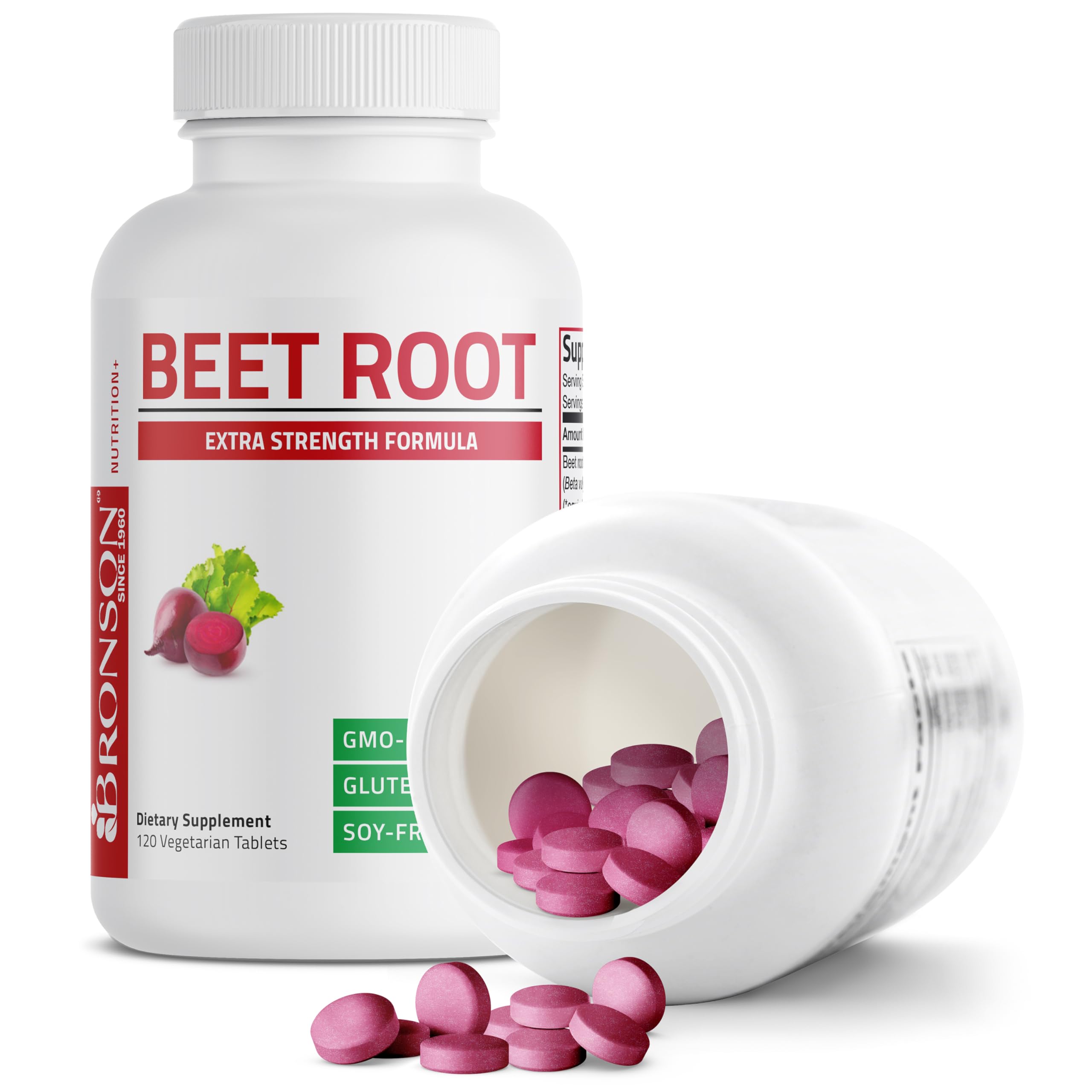 Non-GMO vegan-friendly labeling for Bronson Beet Root Extra Strength.