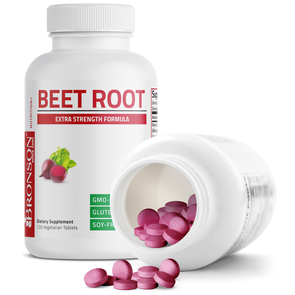 Non-GMO vegan-friendly labeling for Bronson Beet Root Extra Strength.