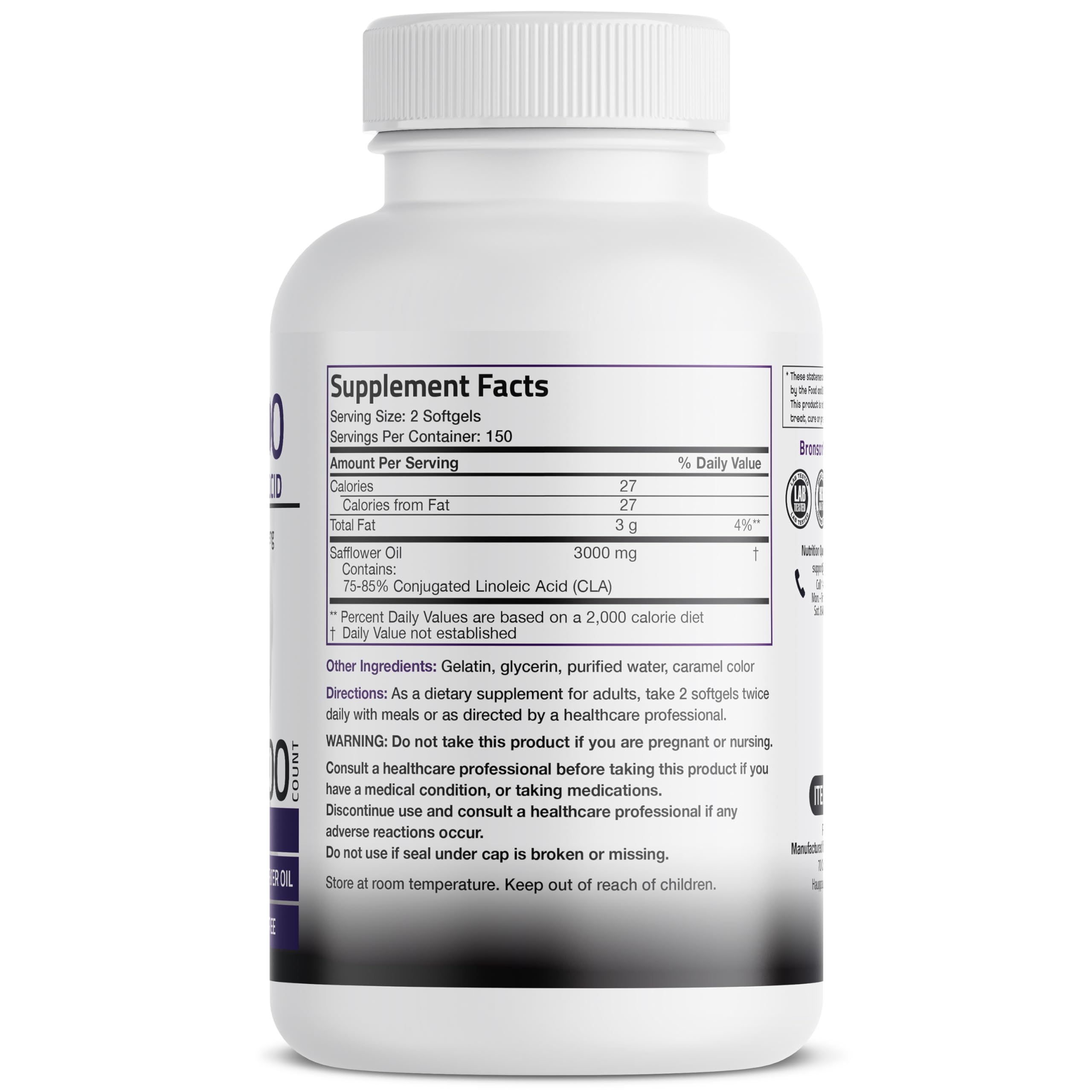 Bronson CLA 3000 back label with supplement facts