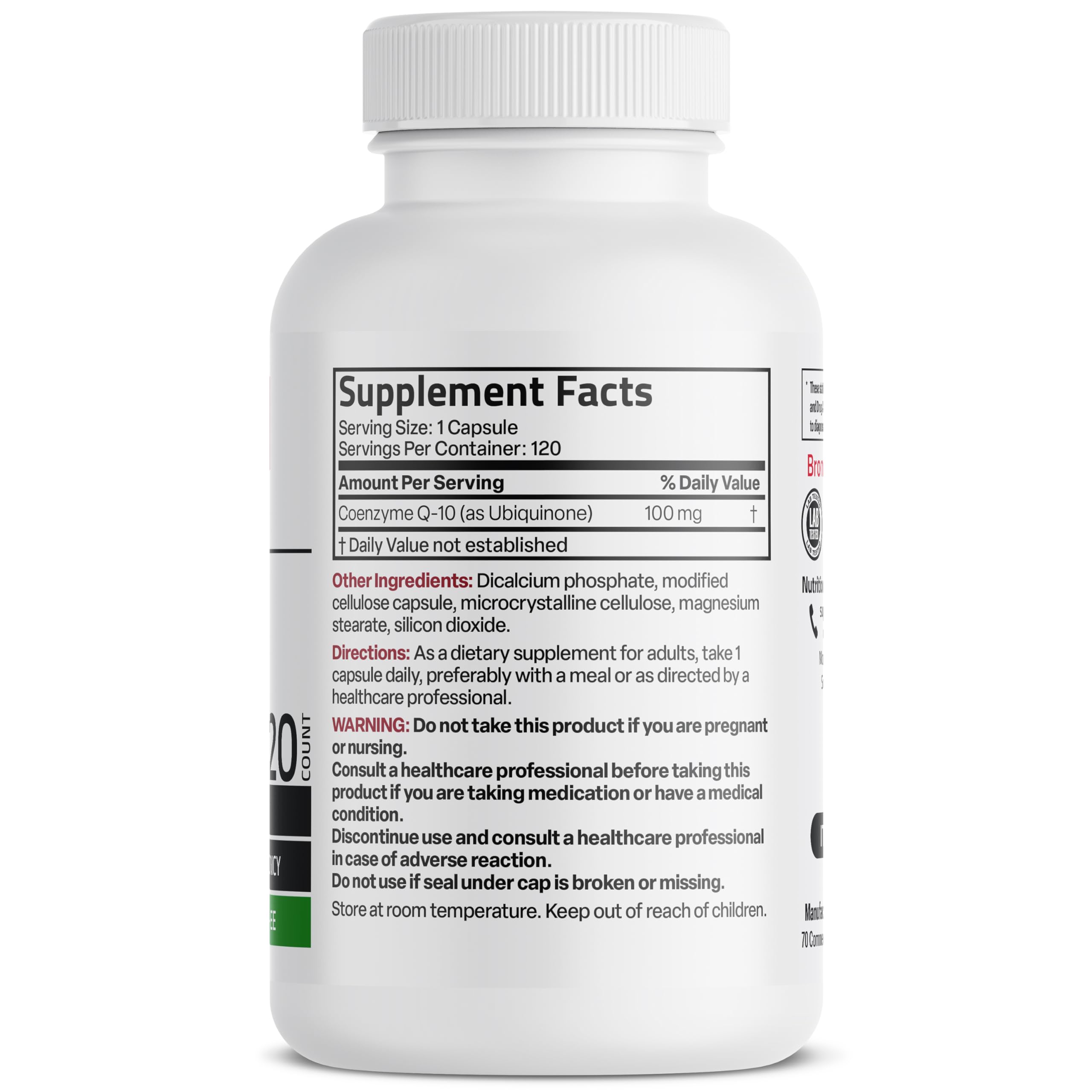 Close-up of Bronson CoQ10 100 mg vegetarian capsules