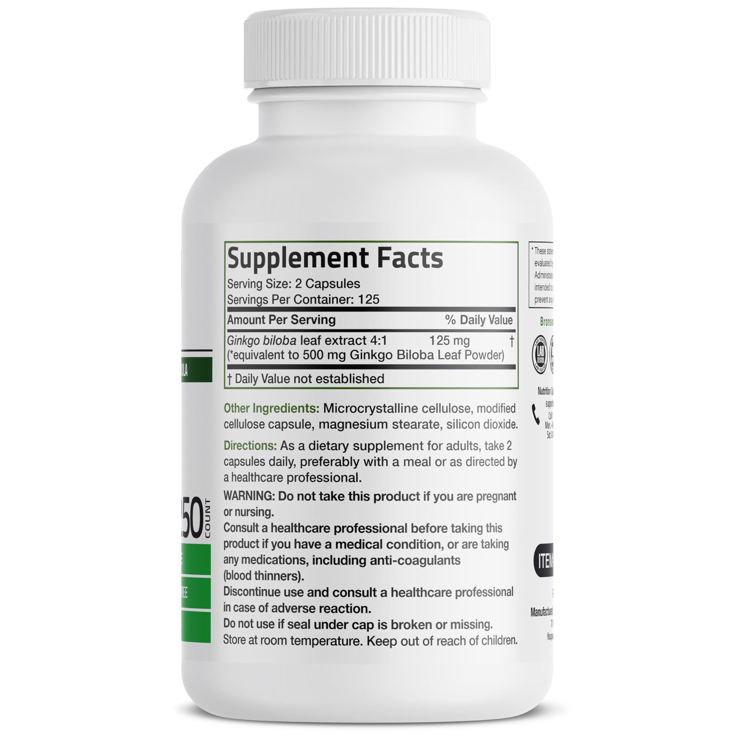 Bronson Ginkgo Biloba capsules closeup highlighting extra strength.