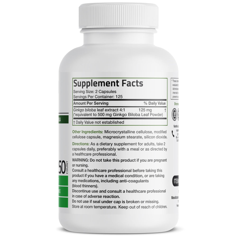 Bronson Ginkgo Biloba capsules closeup highlighting extra strength.