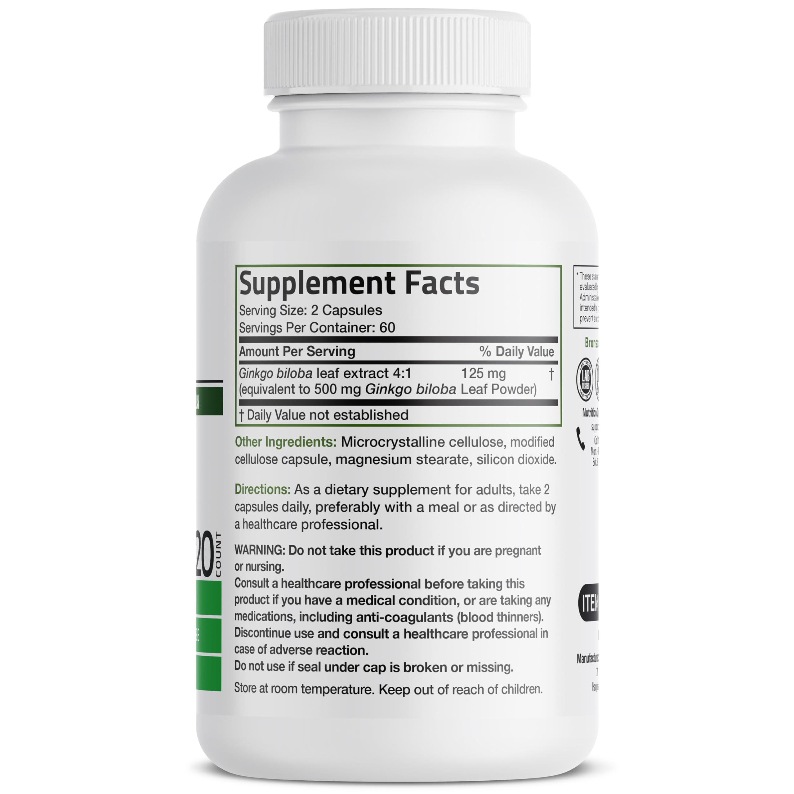 Bronson Ginkgo Biloba Extra Strength bottle back with supplement facts