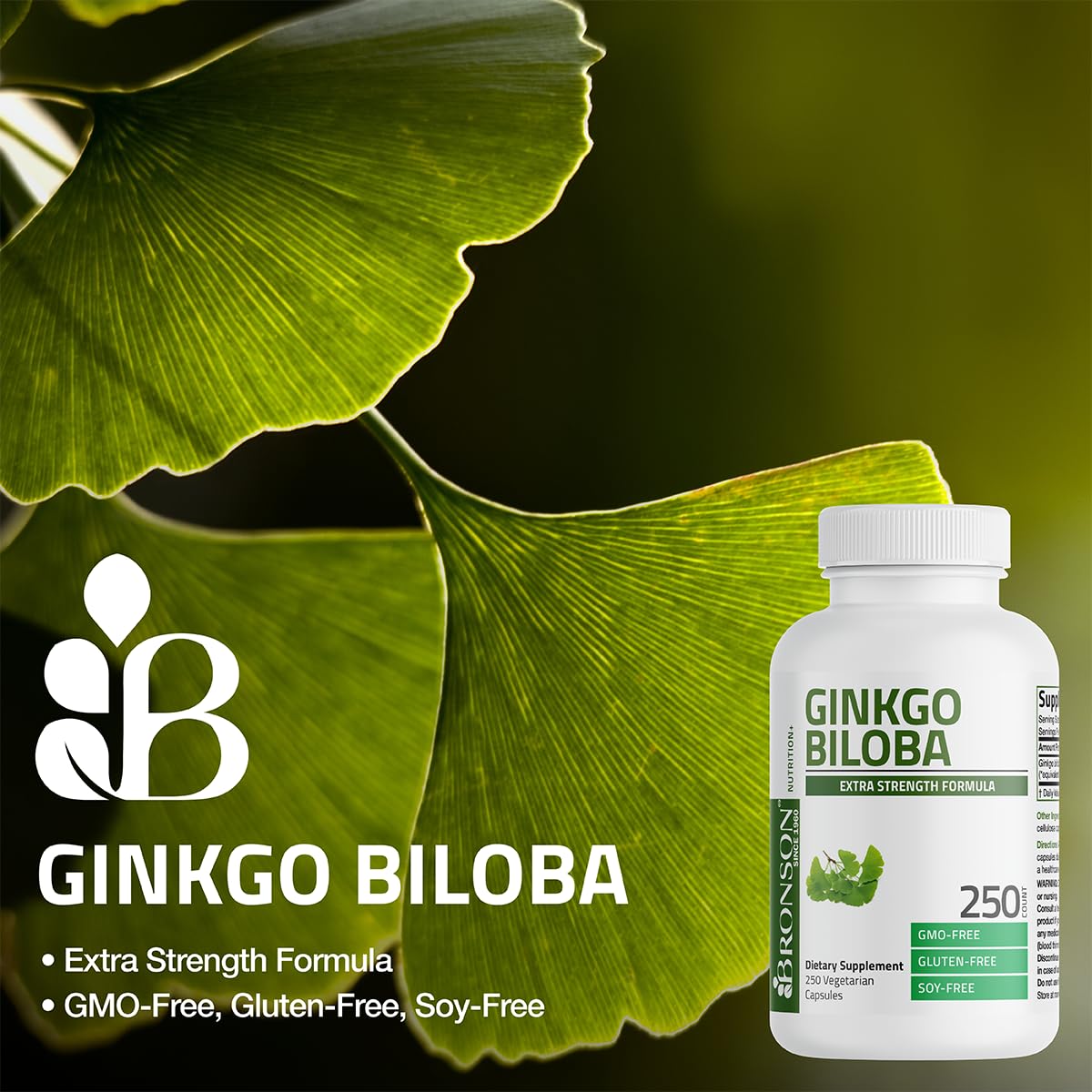 Bronson Ginkgo Biloba label highlights GMO-free, gluten-free, soy-free quality and cGMP standards.