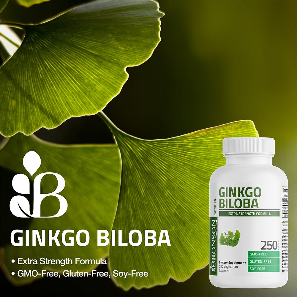 Bronson Ginkgo Biloba label highlights GMO-free, gluten-free, soy-free quality and cGMP standards.