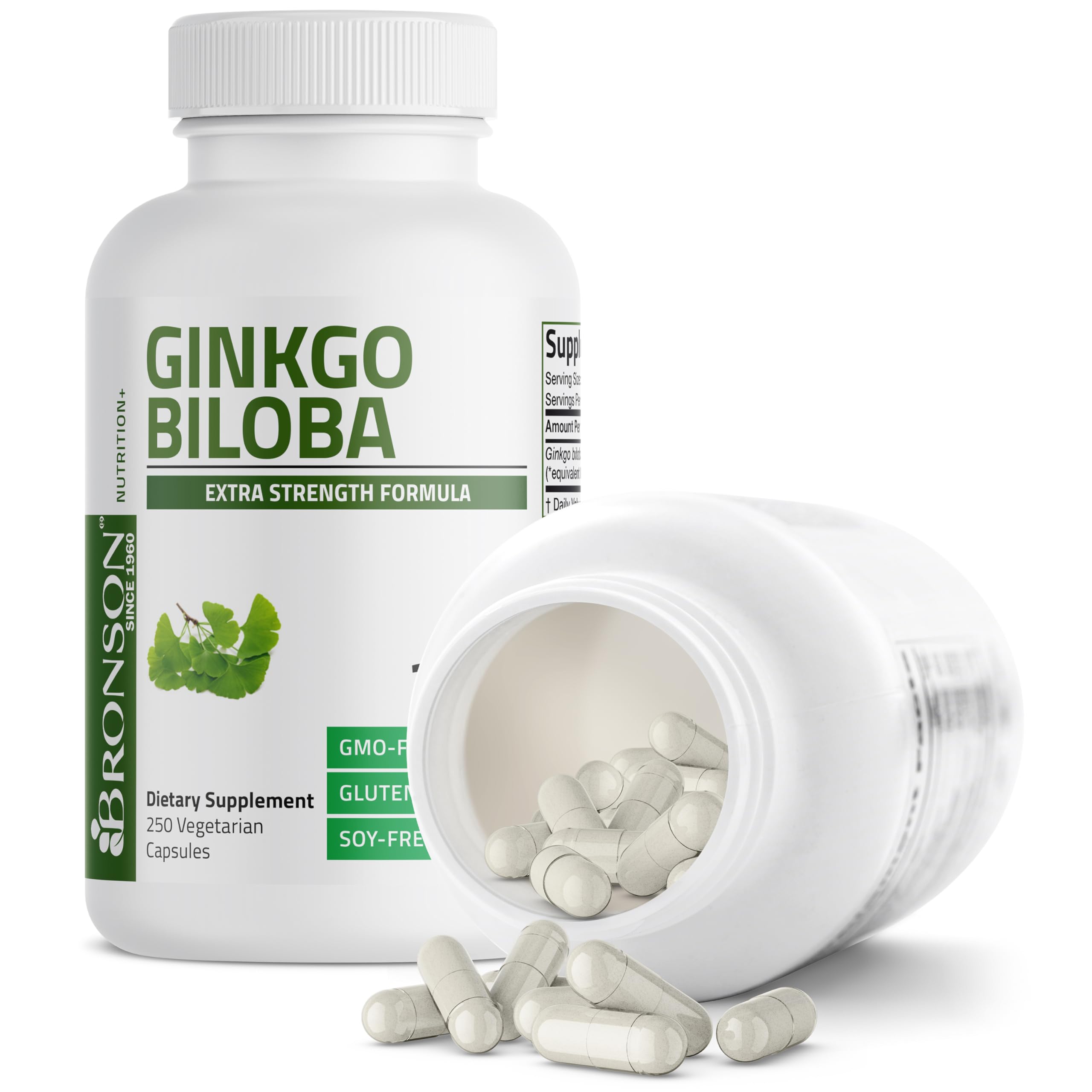 Bronson Ginkgo Biloba label detail highlights gluten-free and soy-free traits.