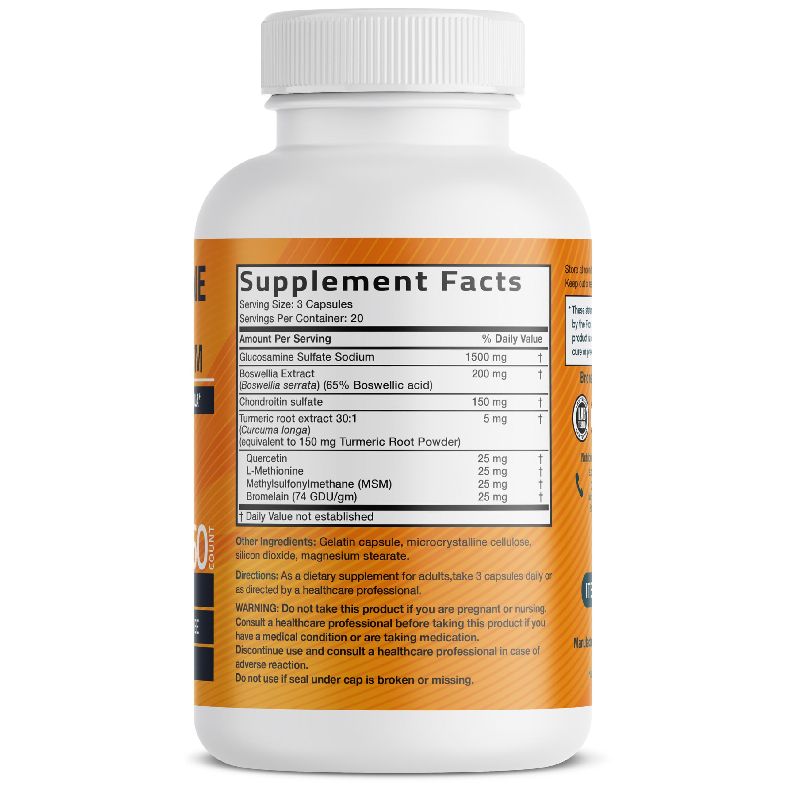 Close-up of Bronson ingredients: glucosamine, chondroitin, turmeric and MSM