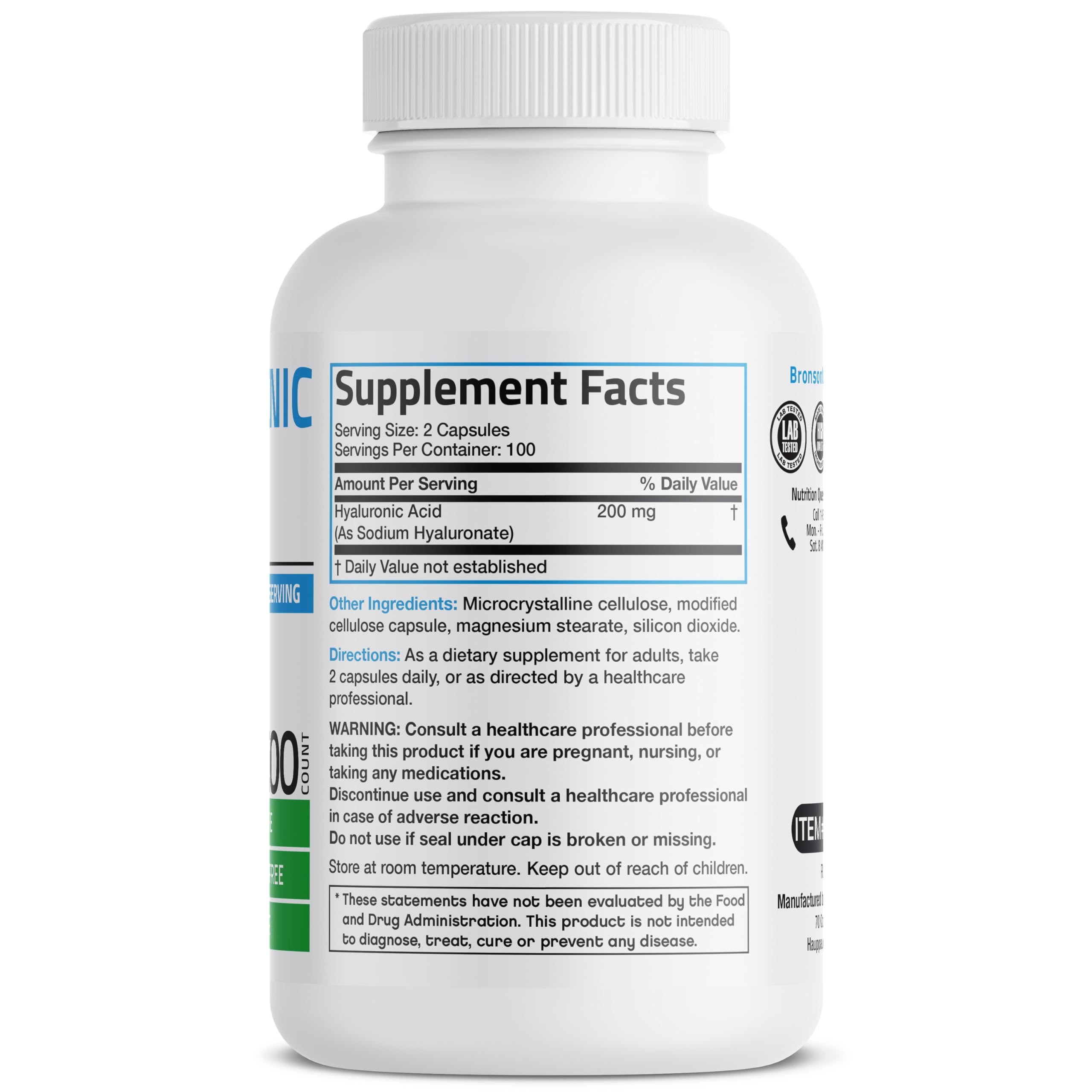 Bronson Hyaluronic Acid 200 mg bottle back with supplement facts