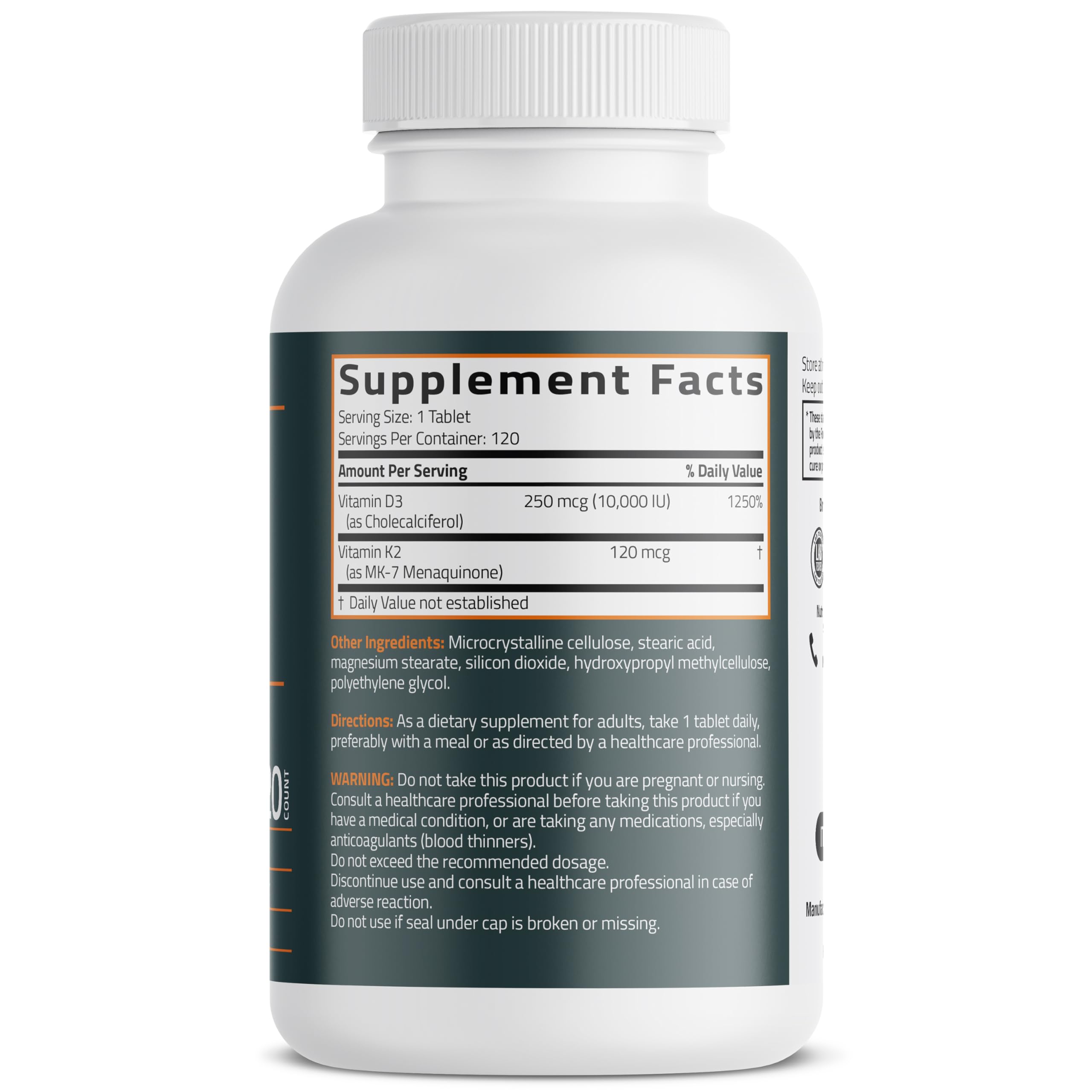 Close-up of bottle label showing 120 mcg K2 MK-7 and 10,000 IU D3