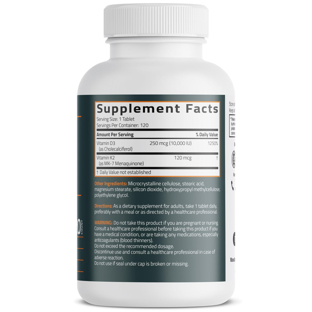 Close-up of bottle label showing 120 mcg K2 MK-7 and 10,000 IU D3