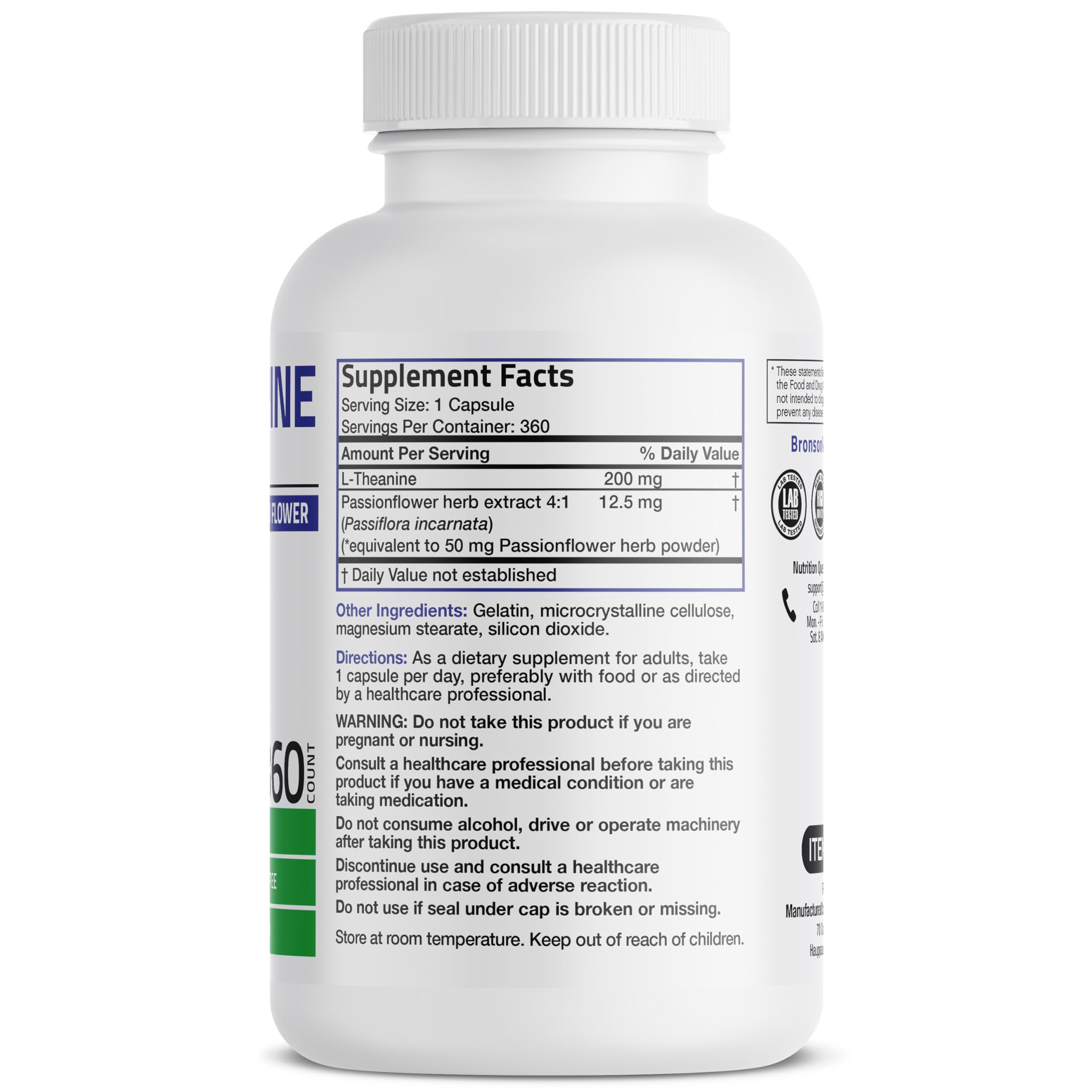 Close-up of Bronson L-Theanine 200mg capsules