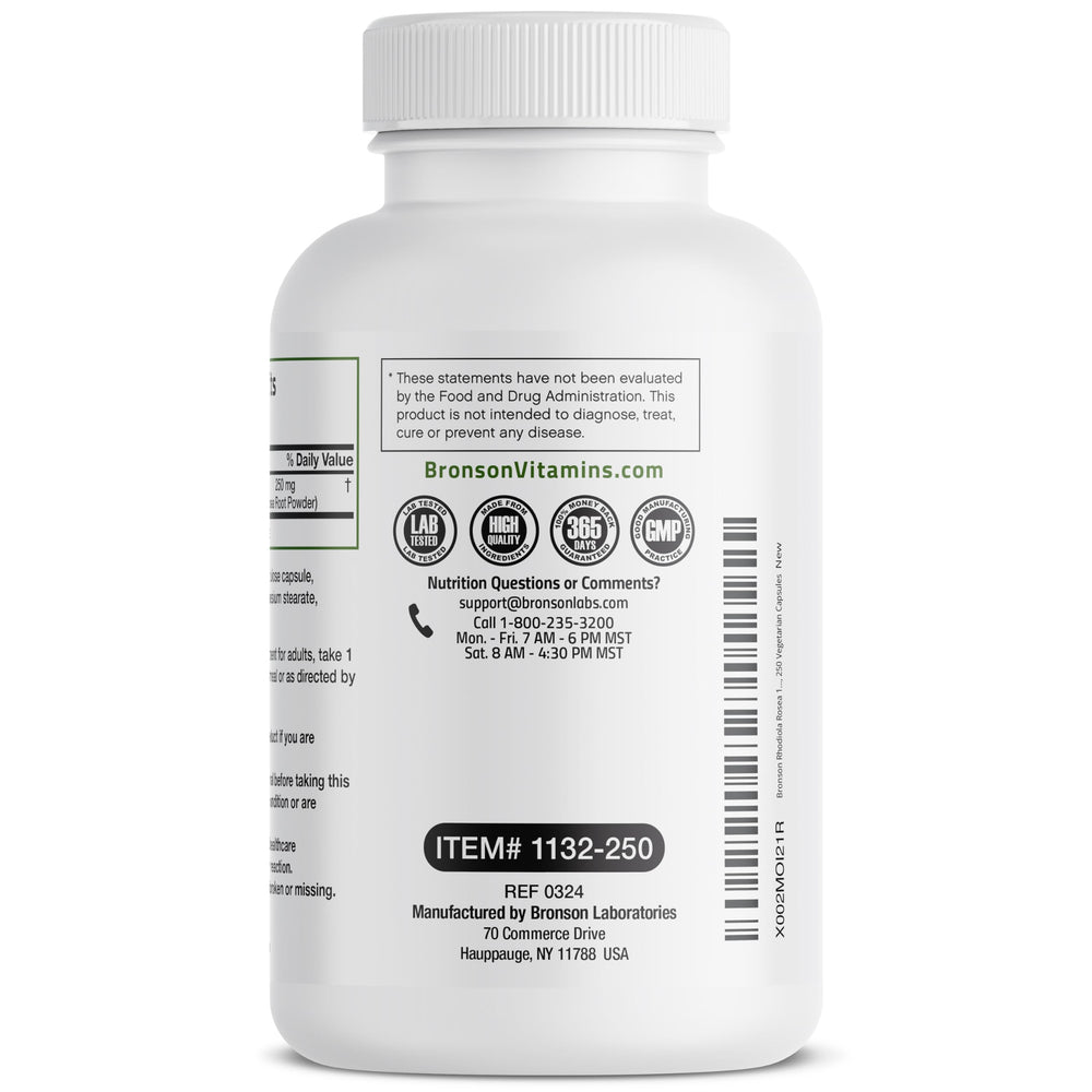 GMO-free, gluten-free and soy-free badges for Bronson Rhodiola Rosea