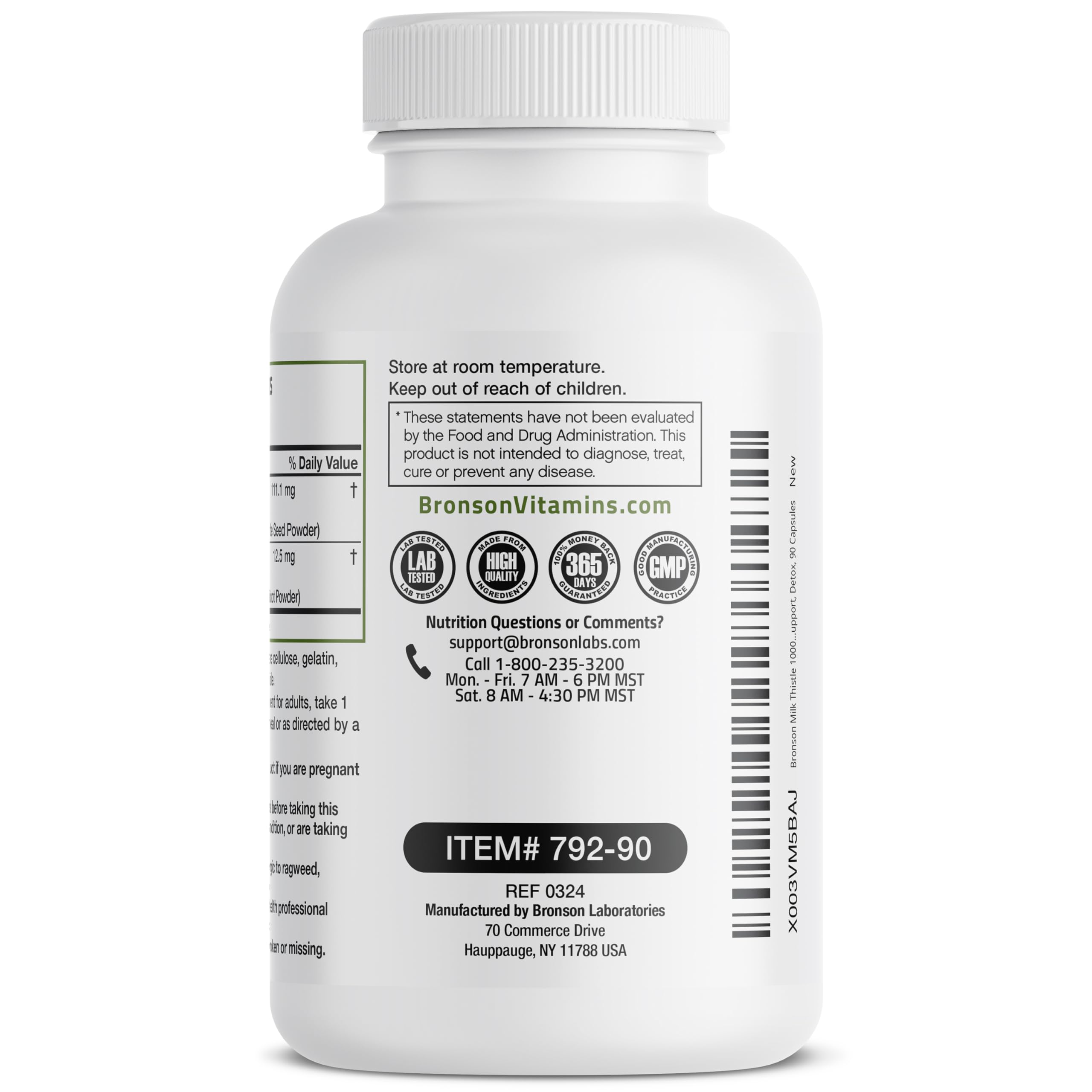 Bronson label detail showing ingredient list and allergen note