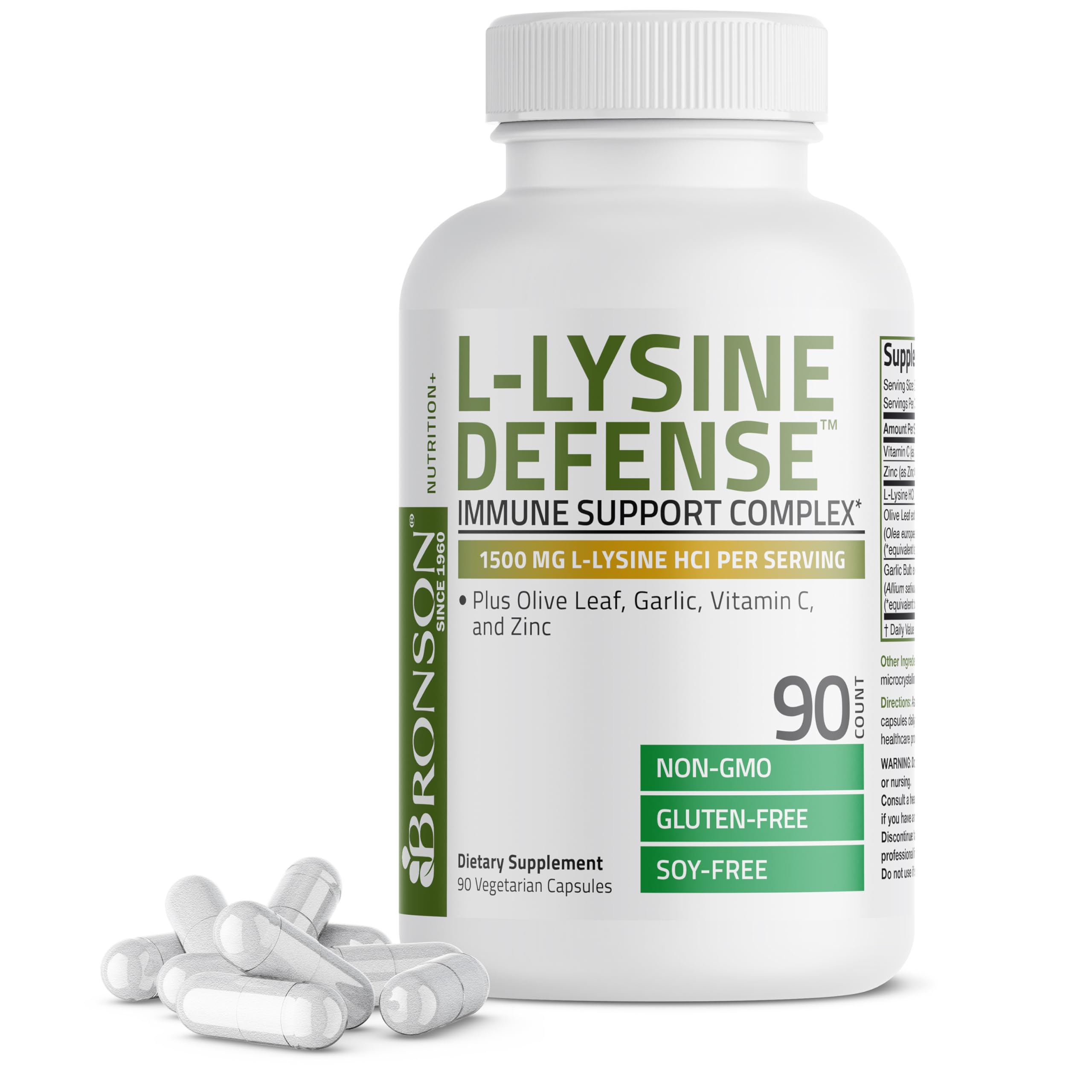 Bronson L-Lysine Defense bottle label shows a non-GMO immune support blend
