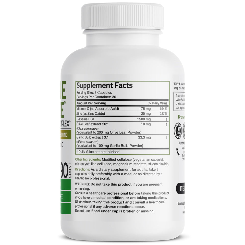 Bronson L-Lysine Defense capsules close-up highlighting daily immune support