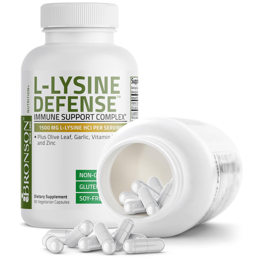 Bronson L-Lysine Defense packaging display shows 90 vegetarian capsules