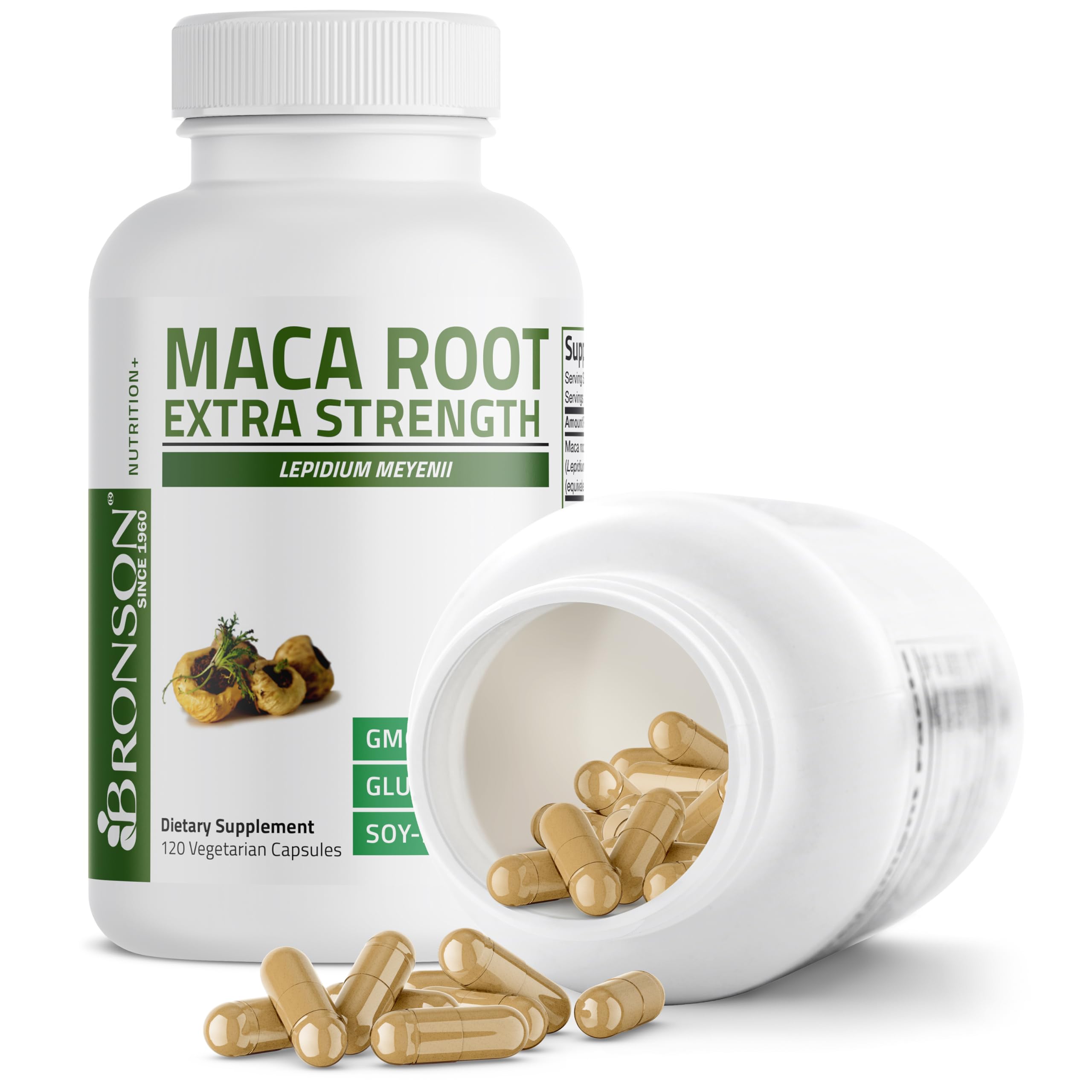 Back panel with ingredients and dosage on Bronson Maca Root bottle