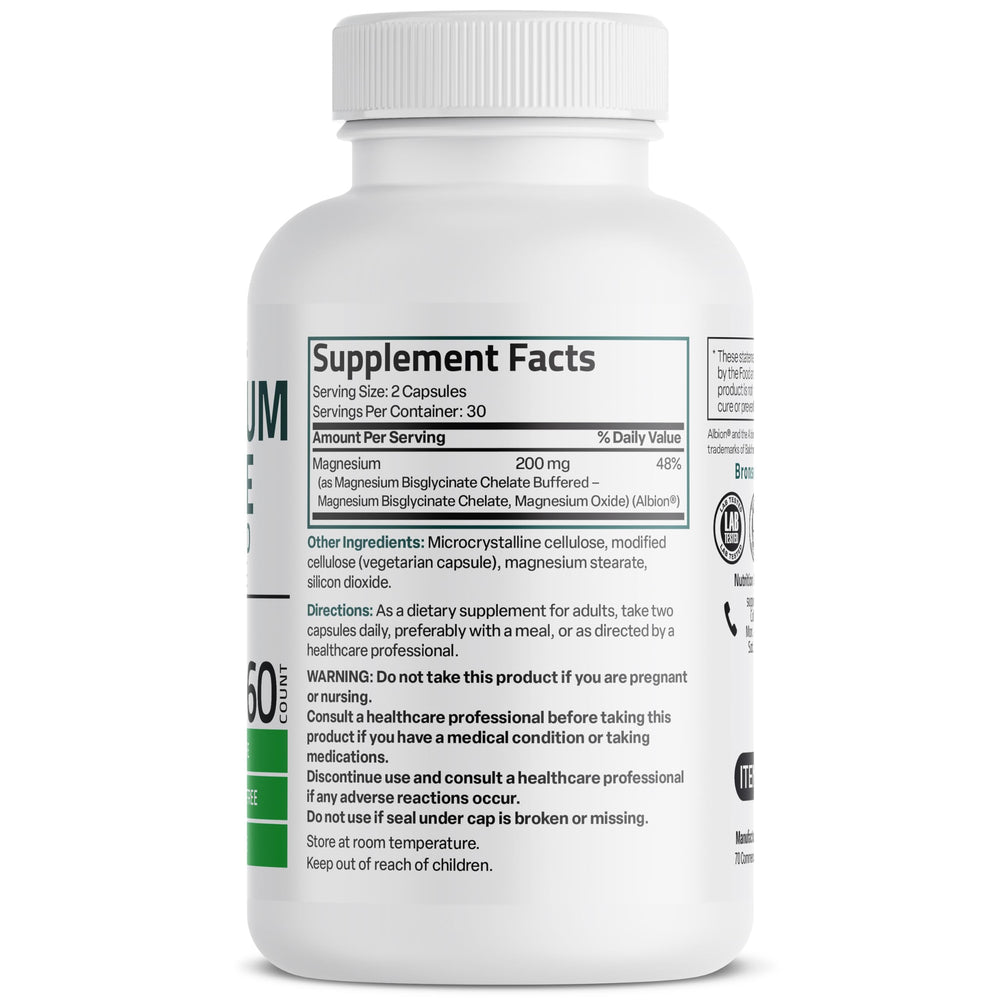 Back panel with supplement facts for Bronson Magnesium Glycinate