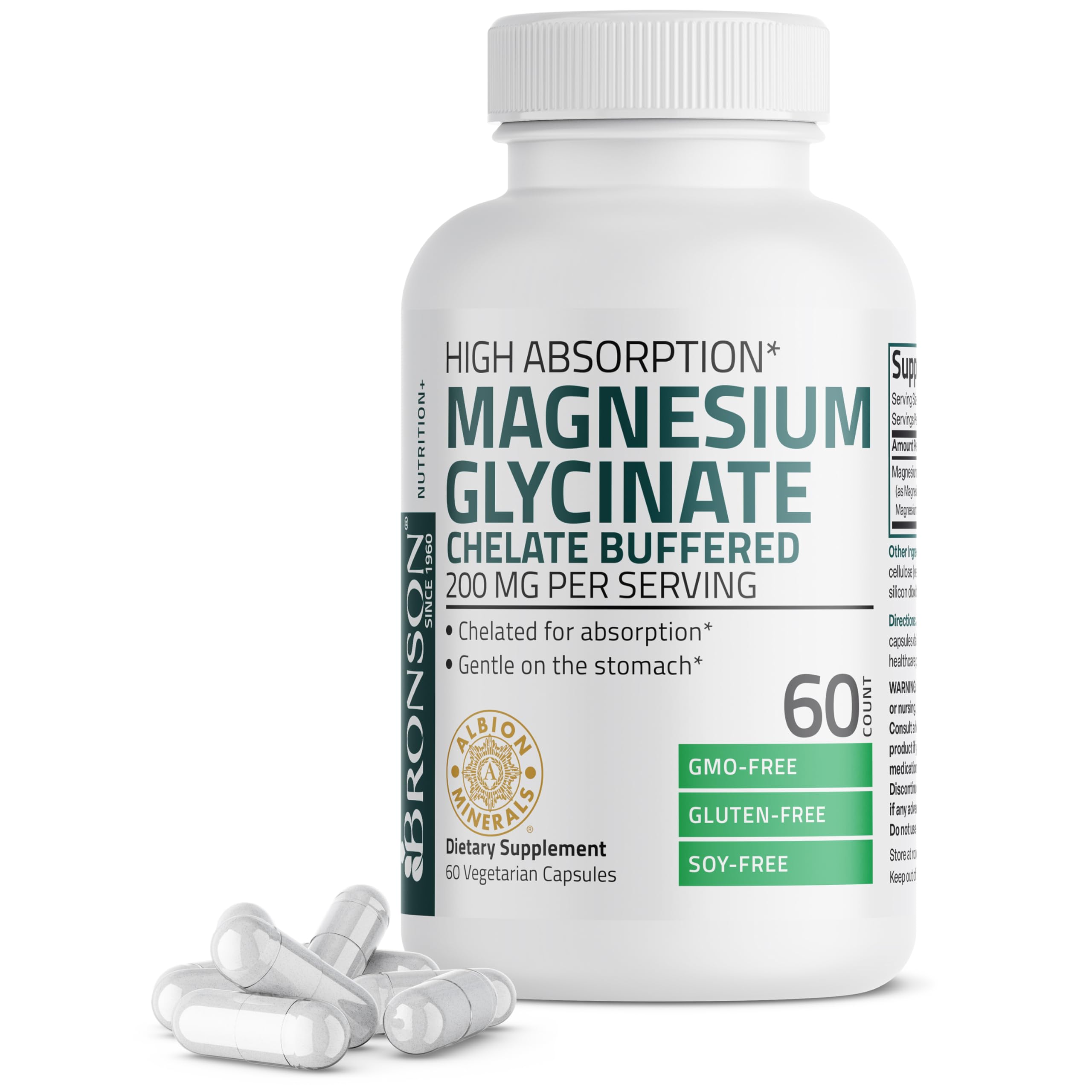 Front view of Bronson Magnesium Glycinate 200 mg bottle