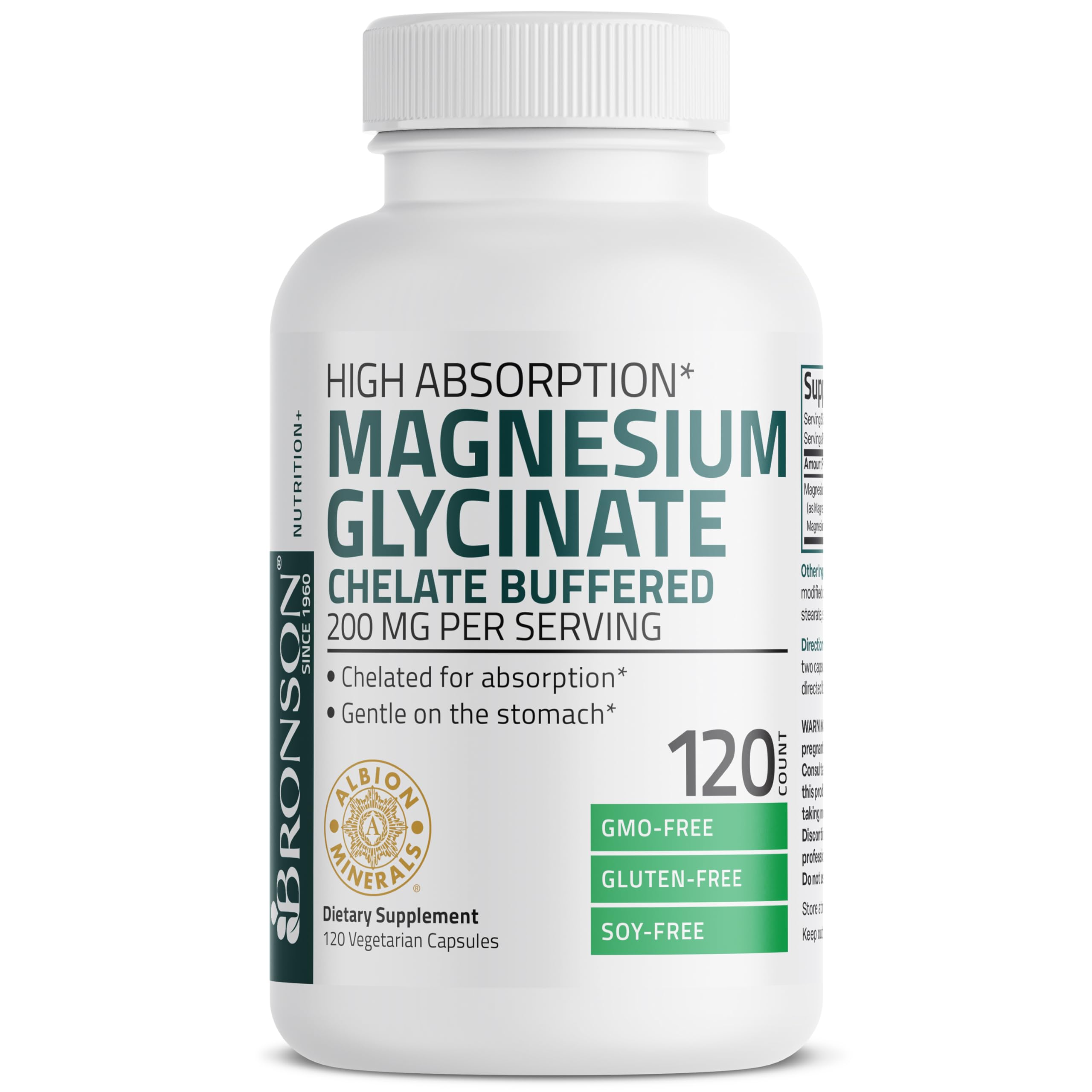Close-up of Bronson Magnesium Glycinate 200 mg serving on bottle