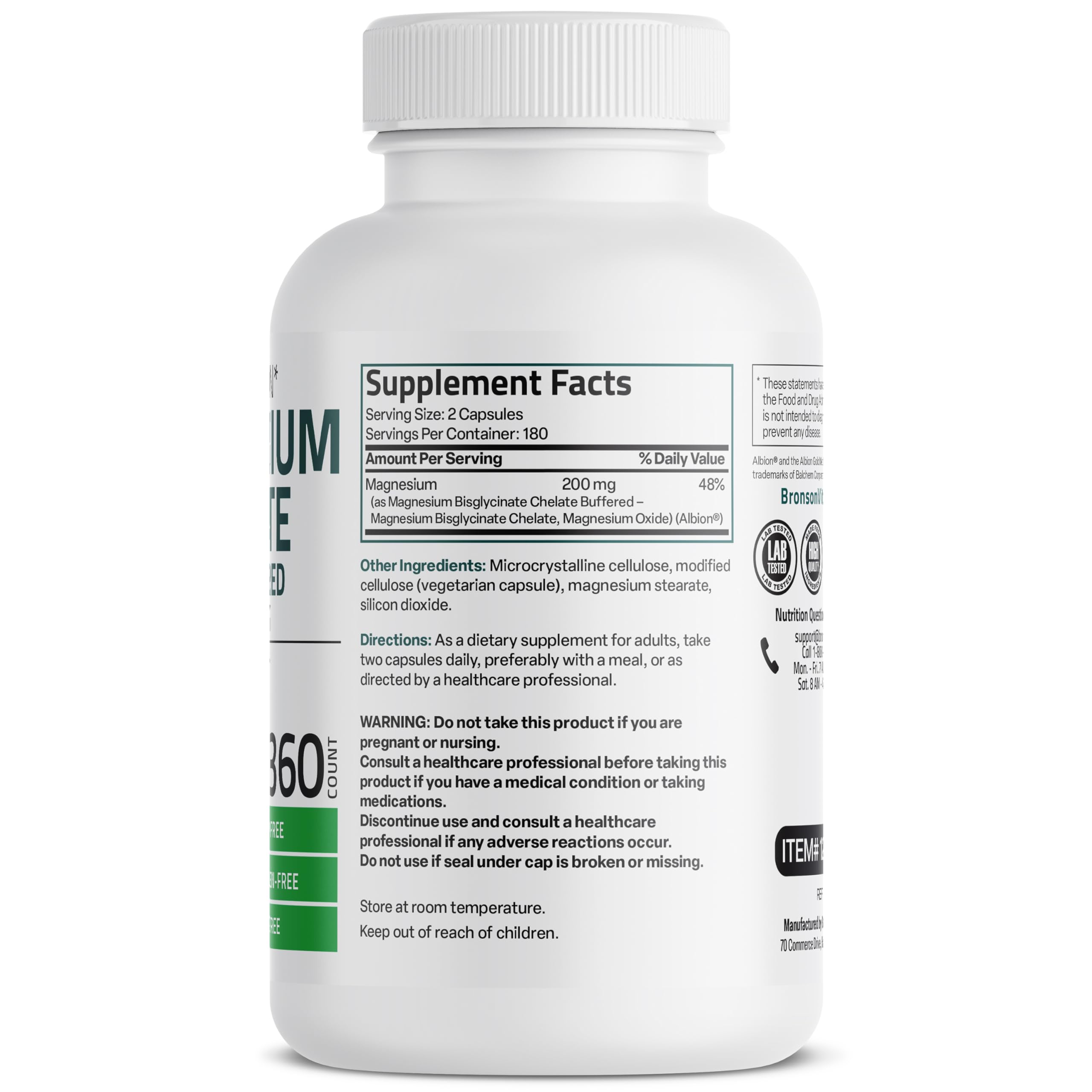 Bronson Magnesium Glycinate capsules close-up highlight vegetarian, gentle digestion.