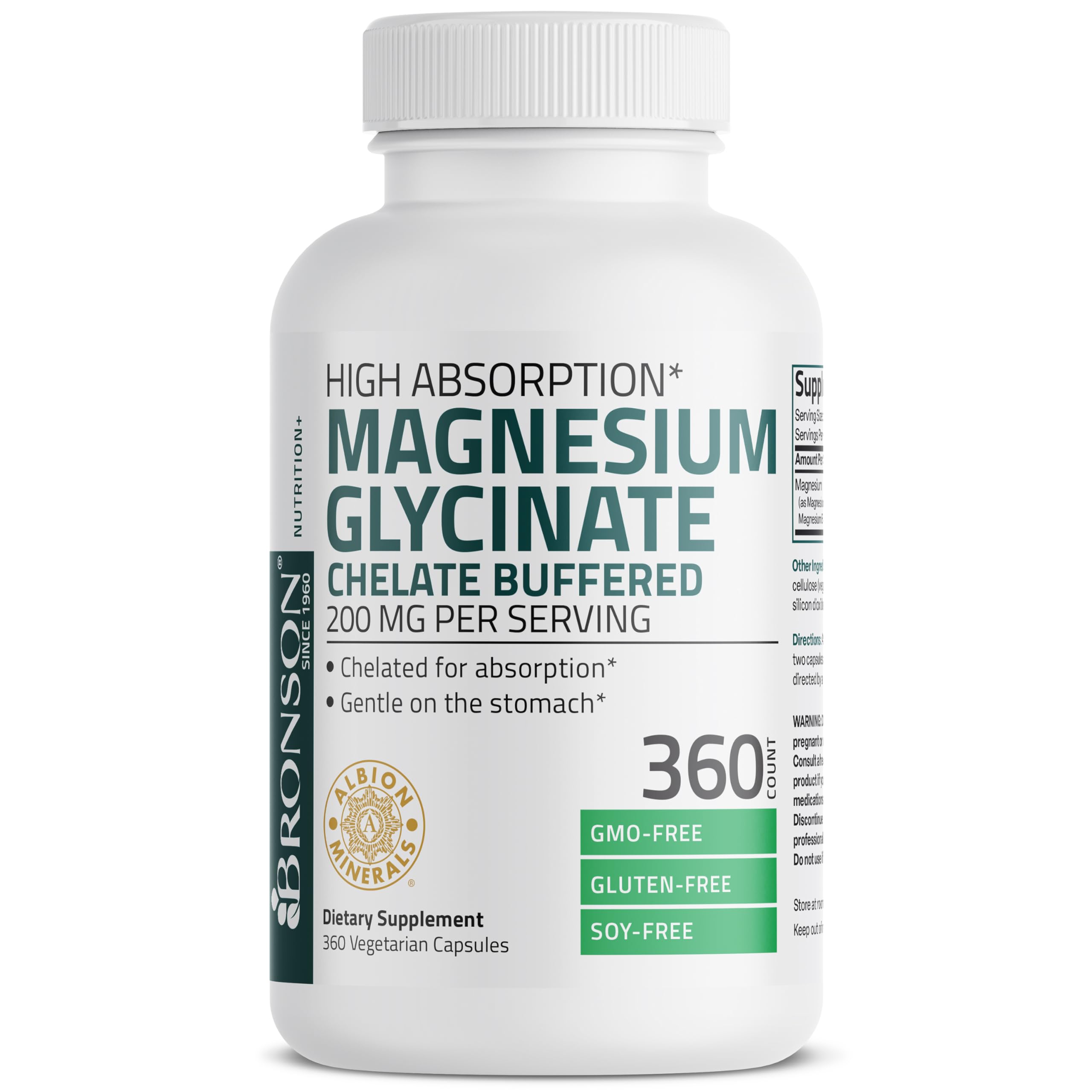 Bronson Magnesium Glycinate non-GMO label on bottle close-up.