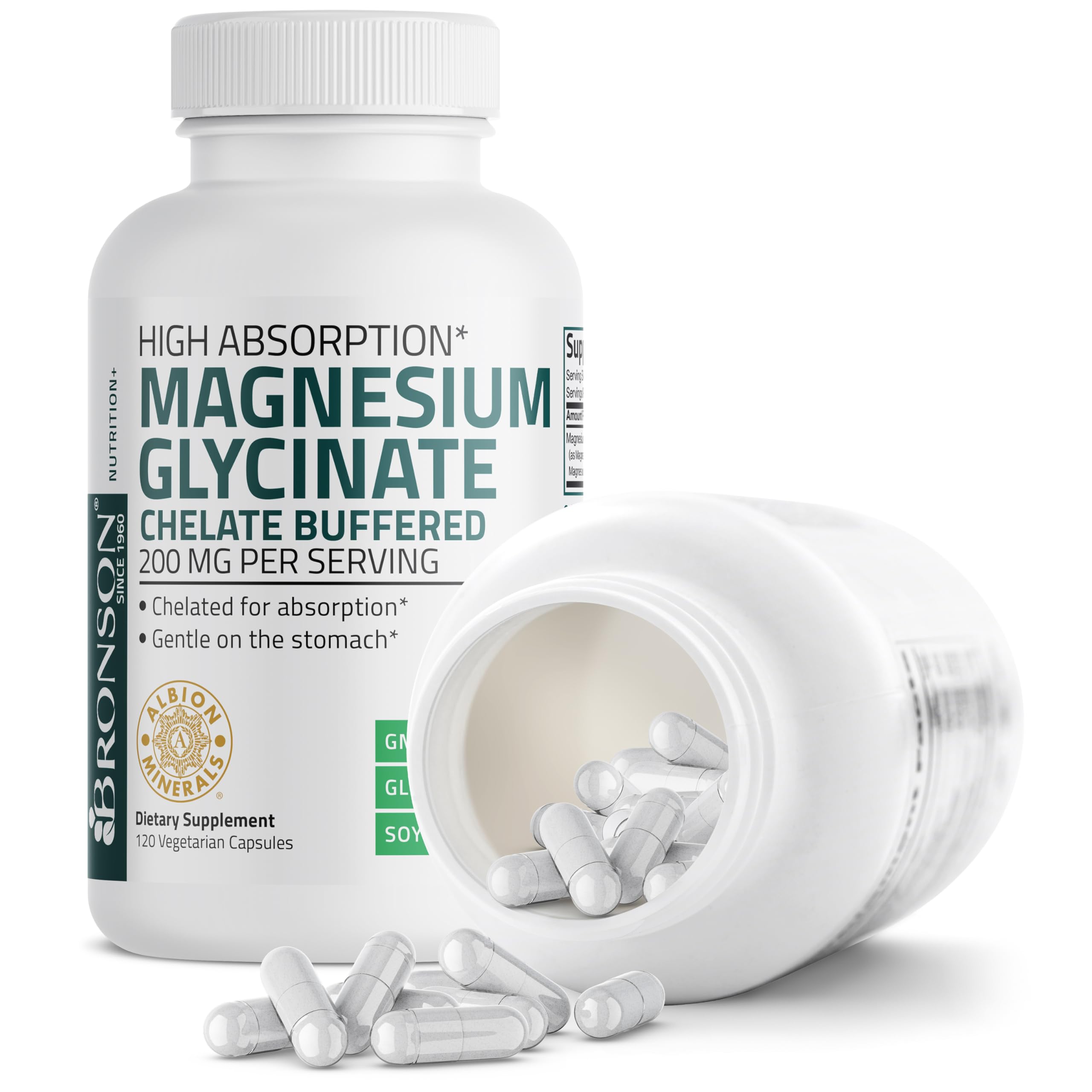 Bronson Magnesium Glycinate vegetarian capsules displayed for easy intake