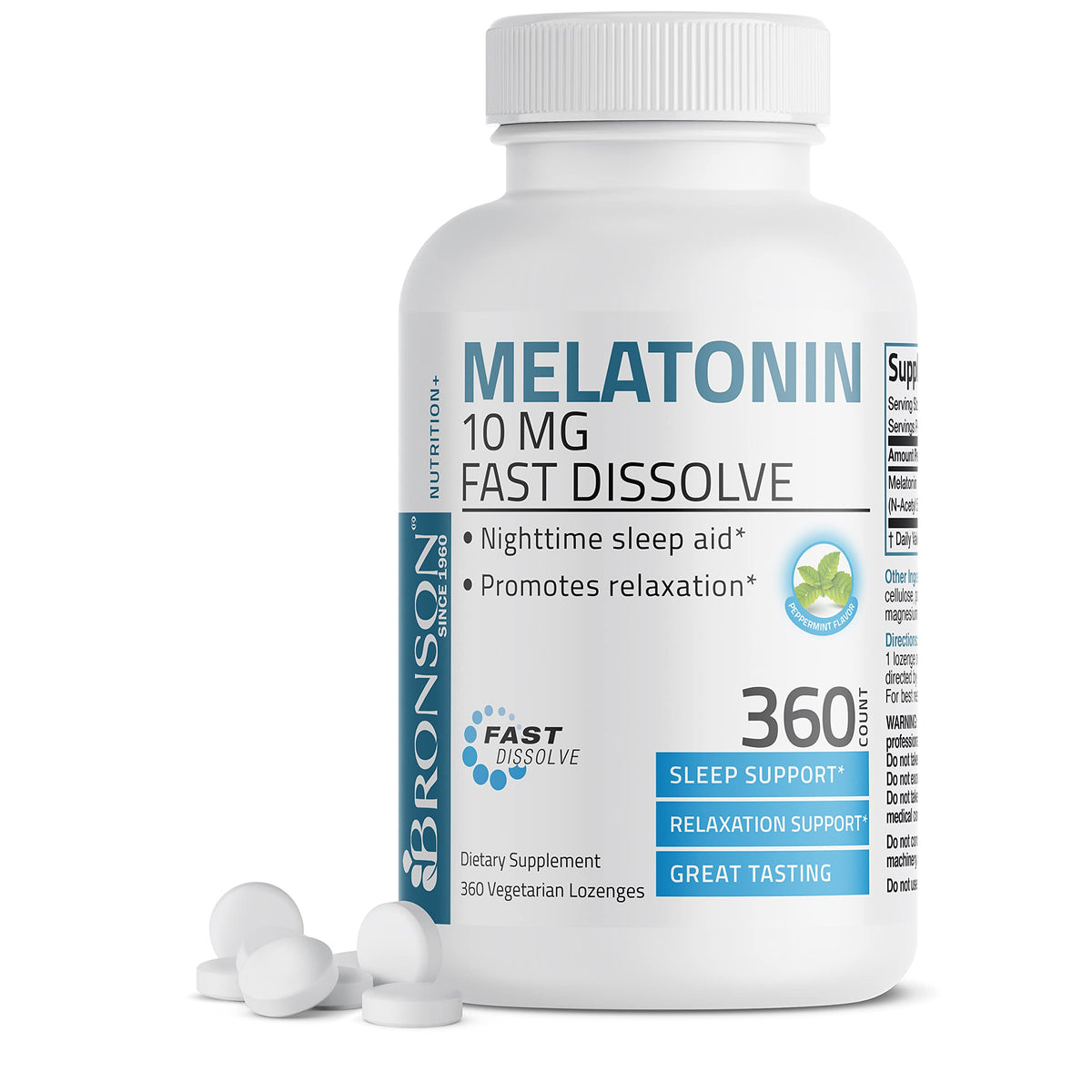 Bronson Melatonin 10 mg fast dissolve peppermint tablets near bottle