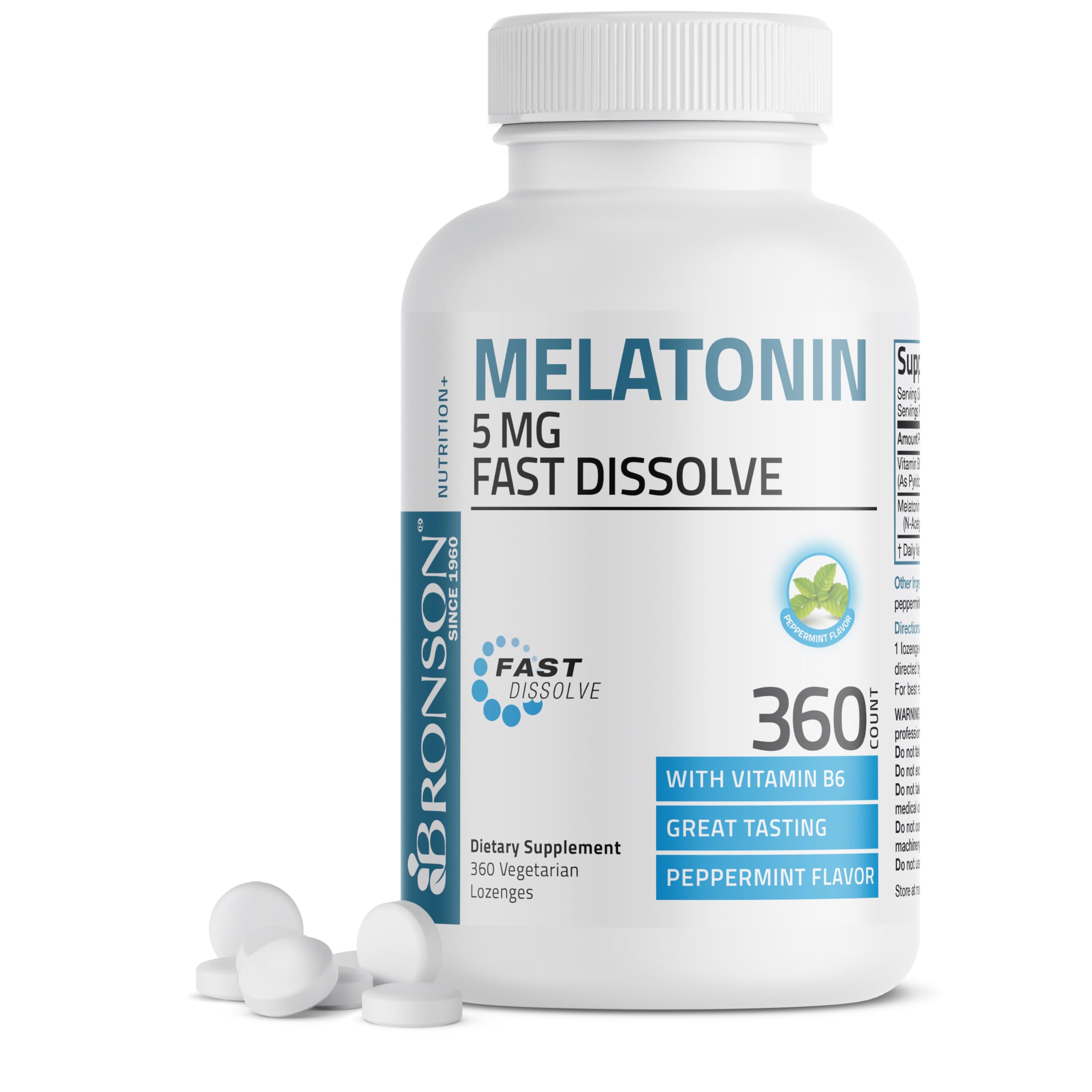 Bronson Melatonin 5mg fast-dissolve peppermint lozenges with Vitamin B6