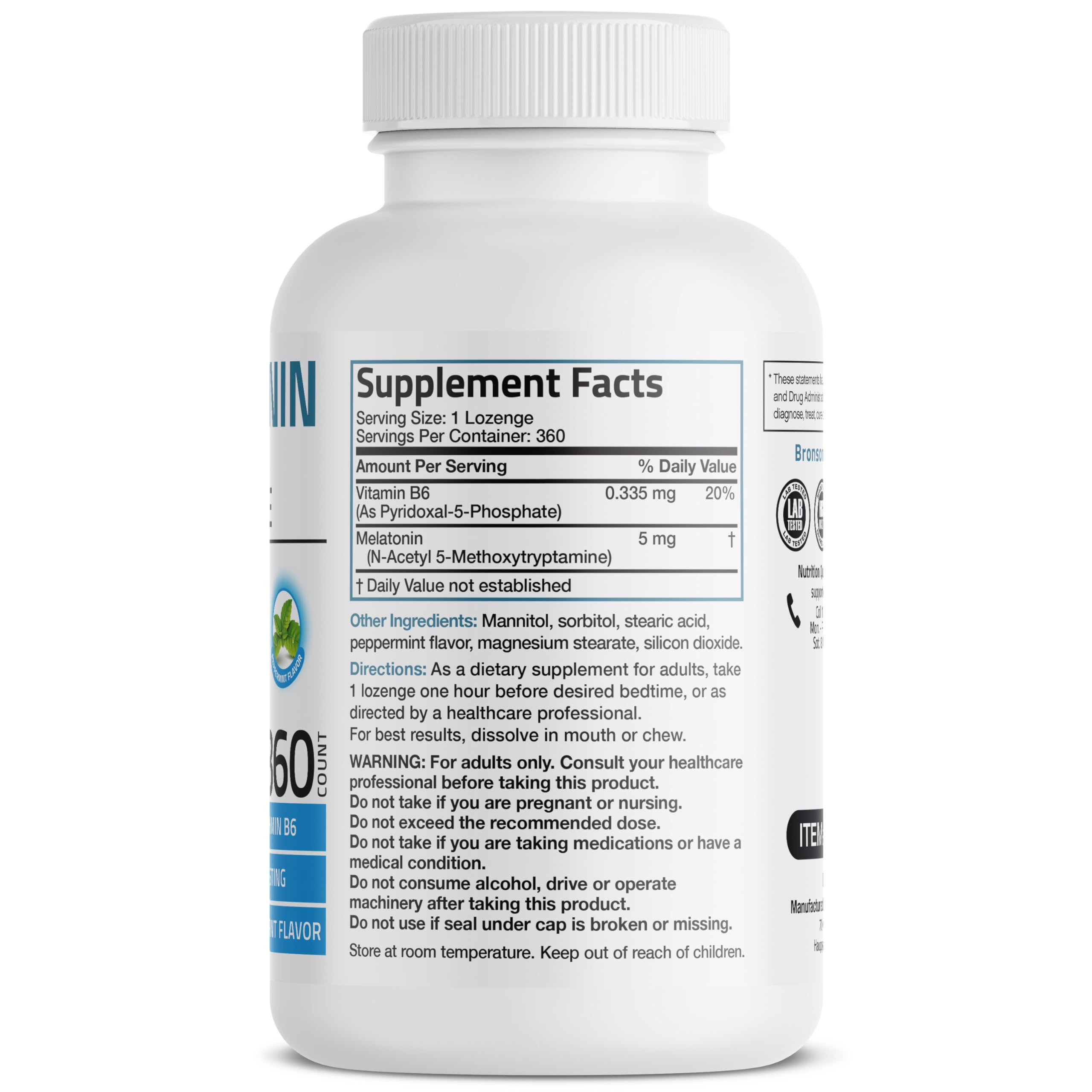 Packaging of Bronson Melatonin peppermint lozenges, 360 vegetarian chewables