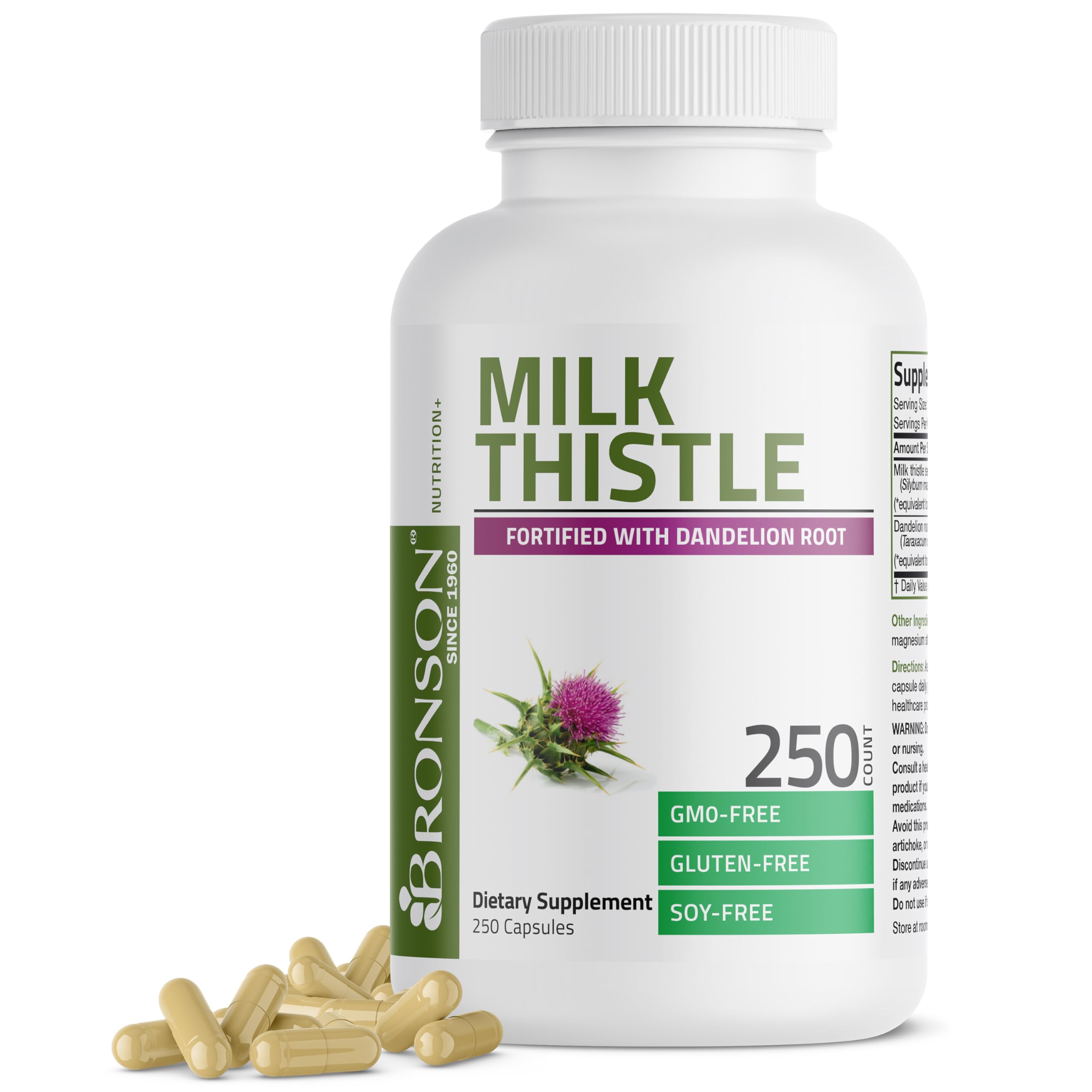 Bronson Milk Thistle bottle label showing dandelion extract for liver health support