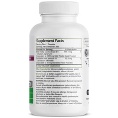 Close-up of Bronson product bottle and 360 capsules