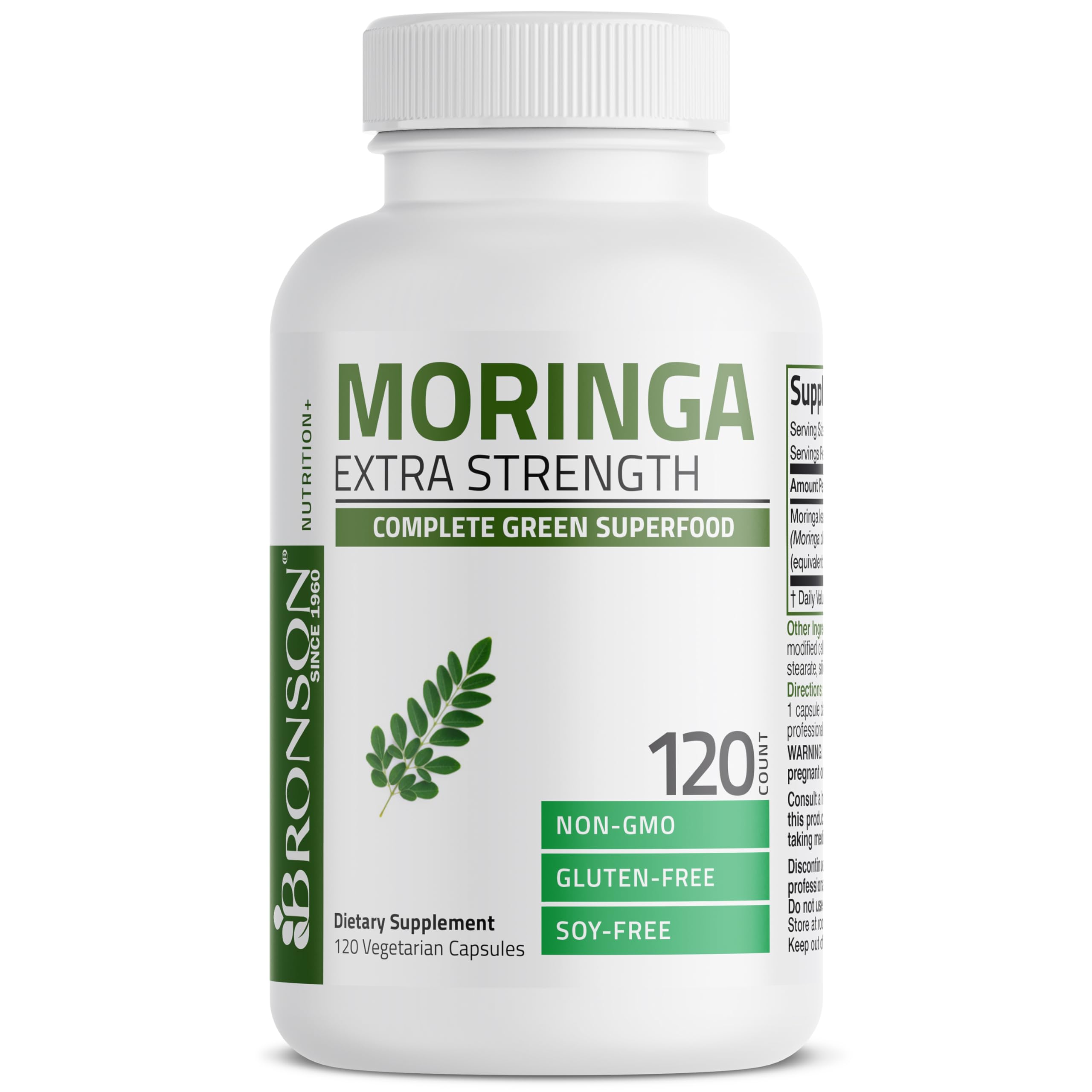 Supplement facts panel for Bronson Moringa Extra Strength