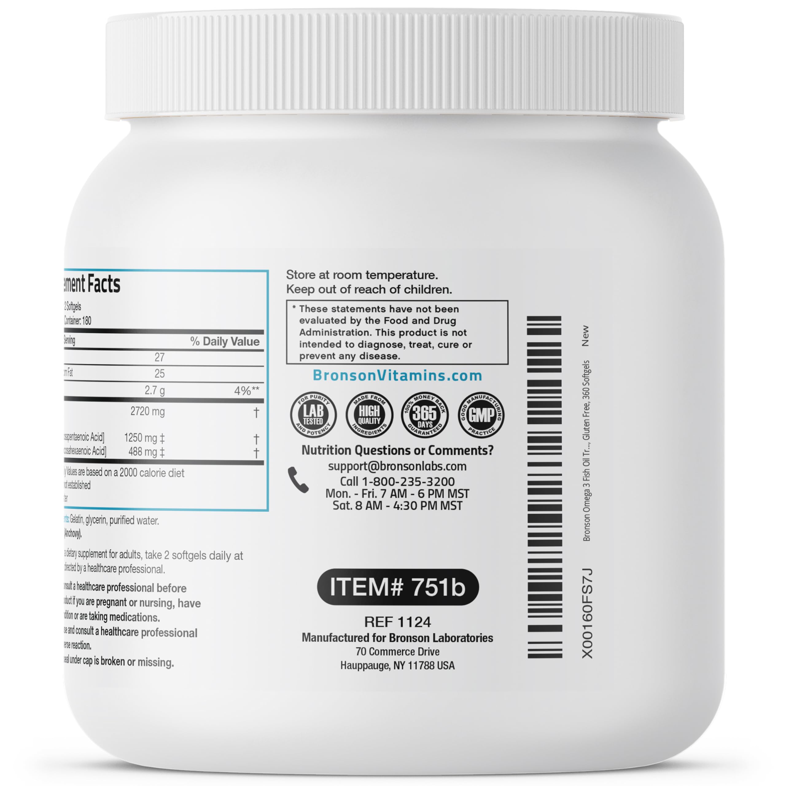 Non-GMO and lab-tested seal on Bronson Omega-3 packaging