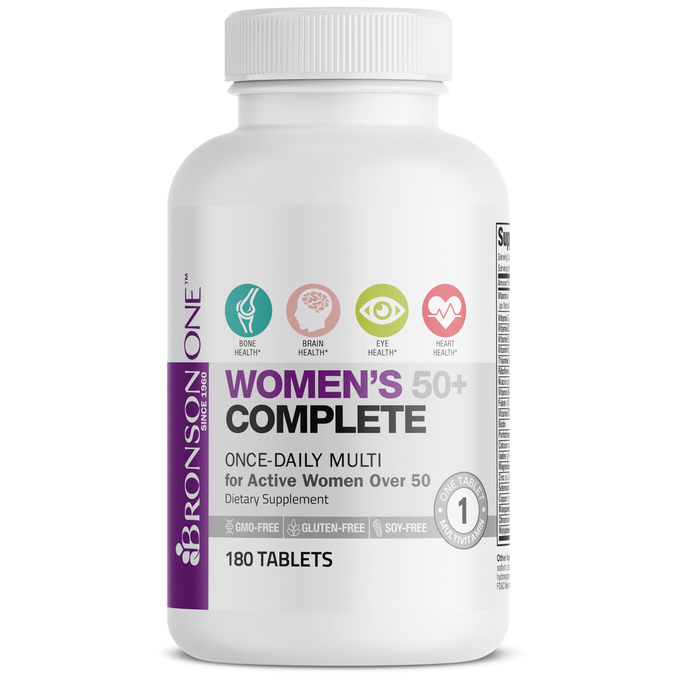 Nutrition facts panel for Bronson ONE Daily Women's 50+ Multivitamin