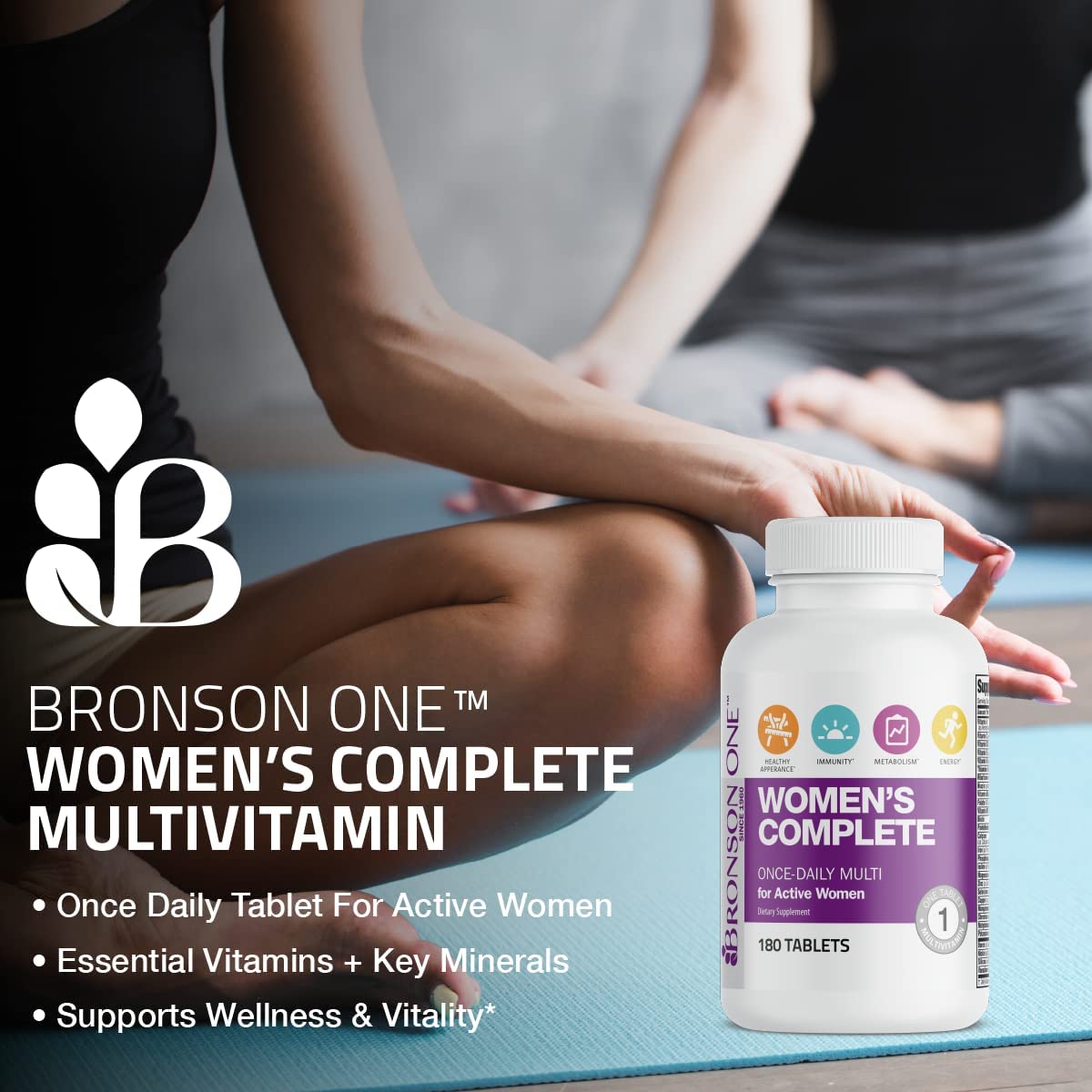 Active woman taking a multivitamin bottle
