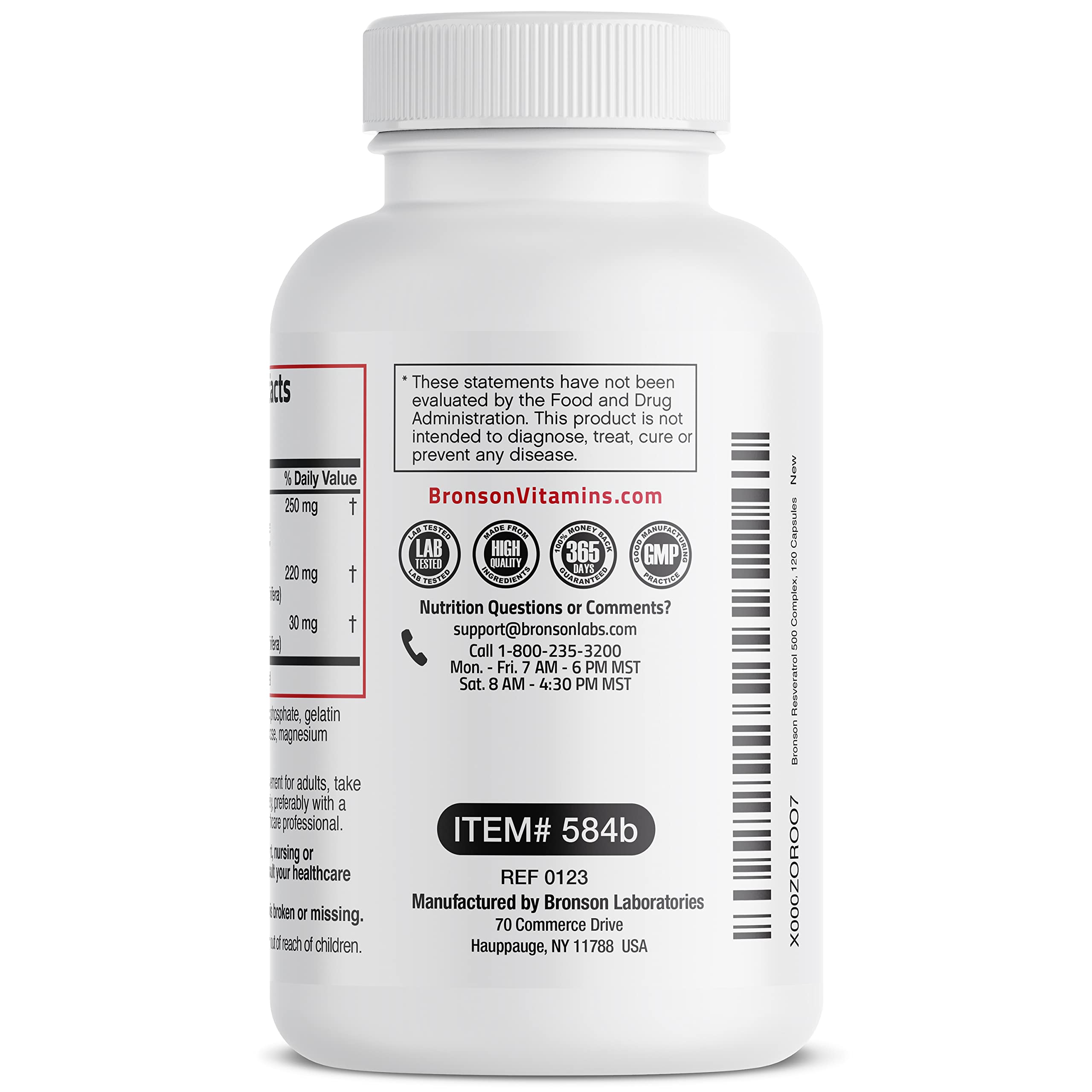 Gluten-free, GMO-free, and soy-free Bronson Resveratrol 500 Complex label