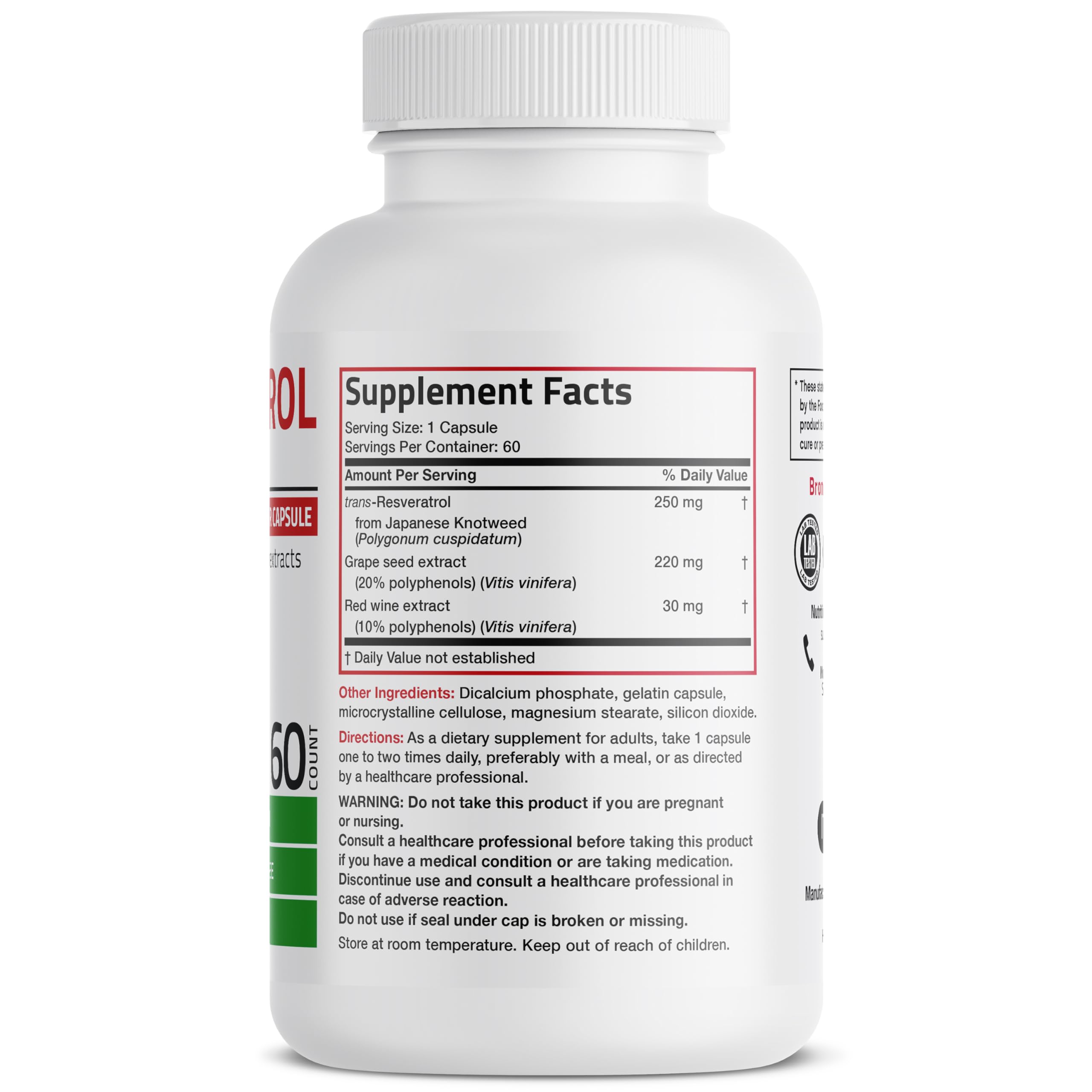 Close-up of Bronson Resveratrol 500 MG Complex label