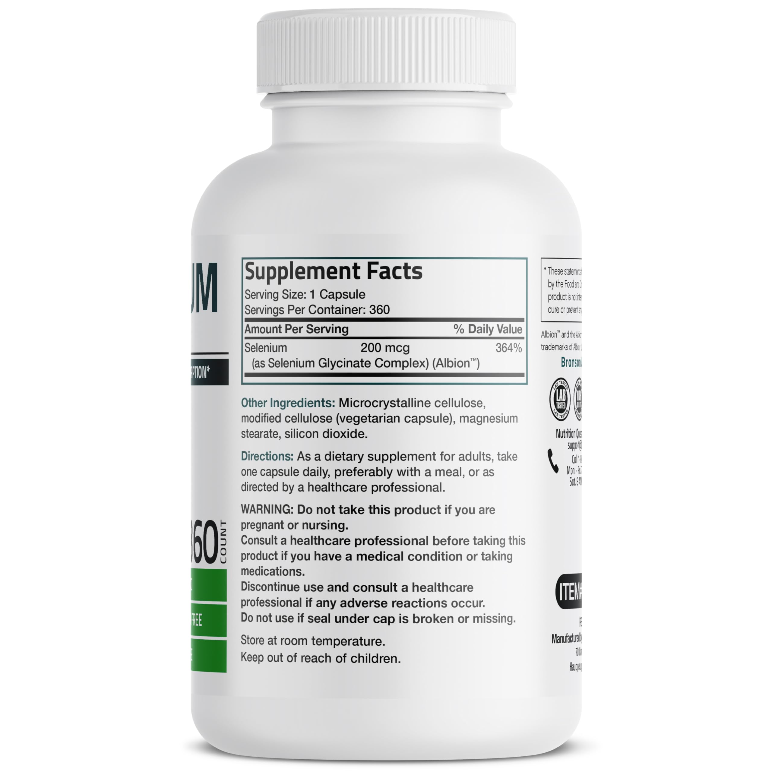 Bronson Selenium 200 mcg bottle back with nutrition facts
