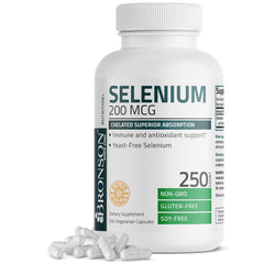Bronson Selenium 200 mcg bottle label – yeast-free chelated mineral