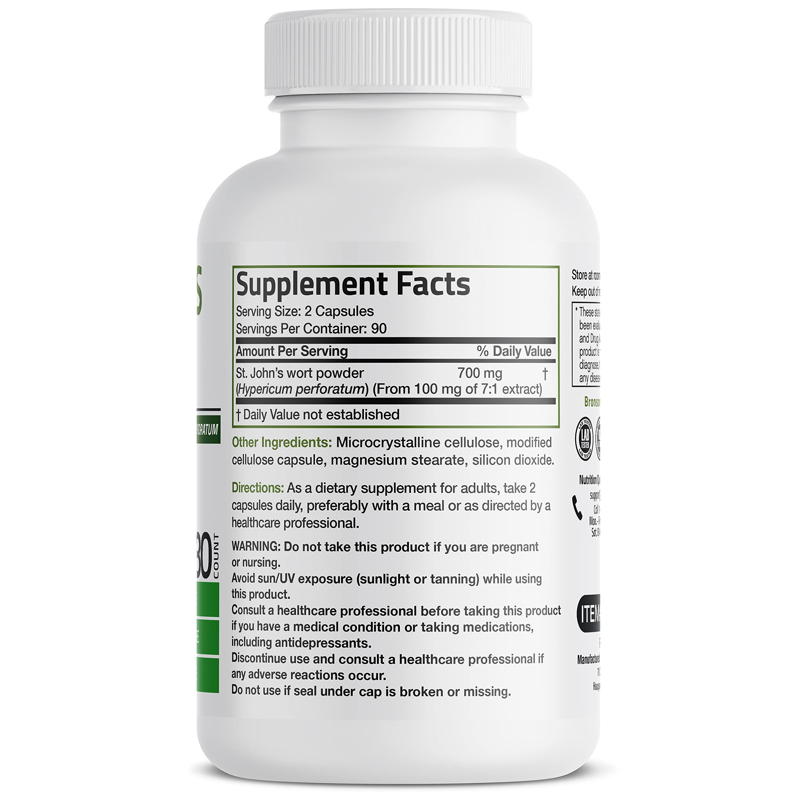 Close-up of Bronson St. John's Wort 700 mg per serving label