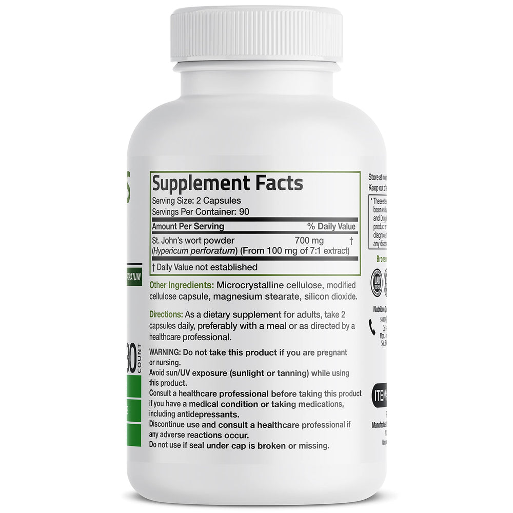 Close-up of Bronson St. John's Wort 700 mg per serving label