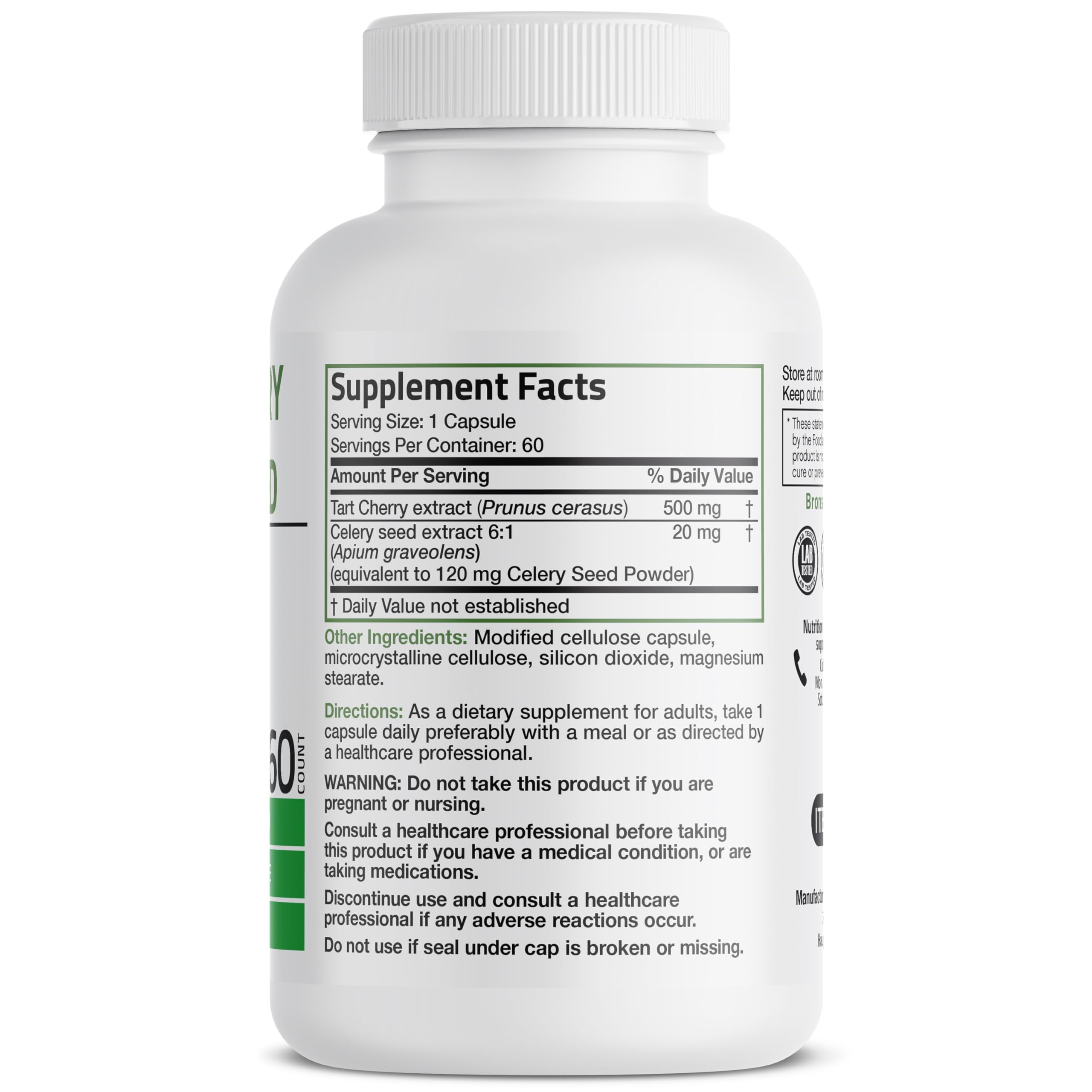 Close-up of Tart Cherry Extract and Celery Seed capsules