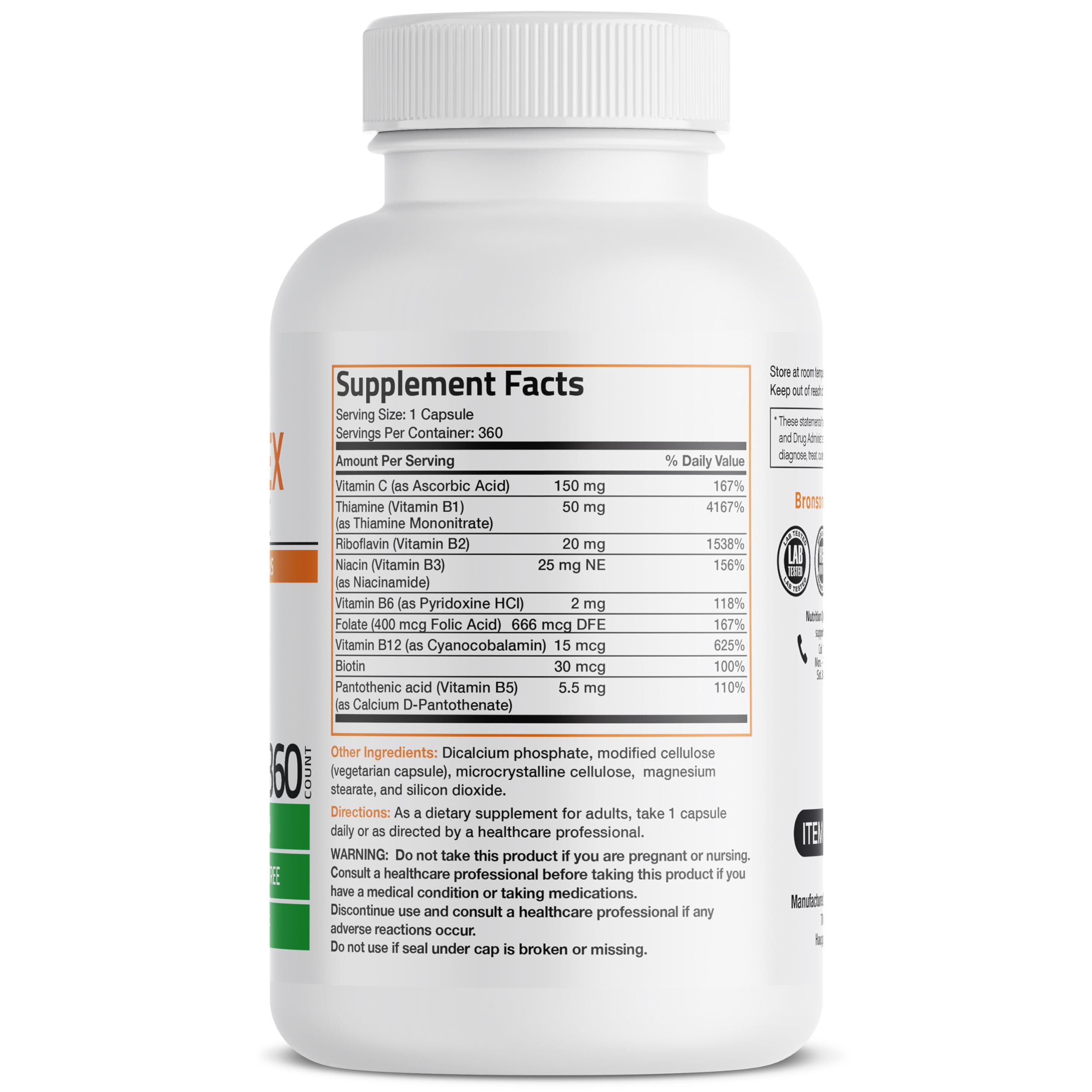 Close-up of supplement facts highlighting B vitamins and Vitamin C