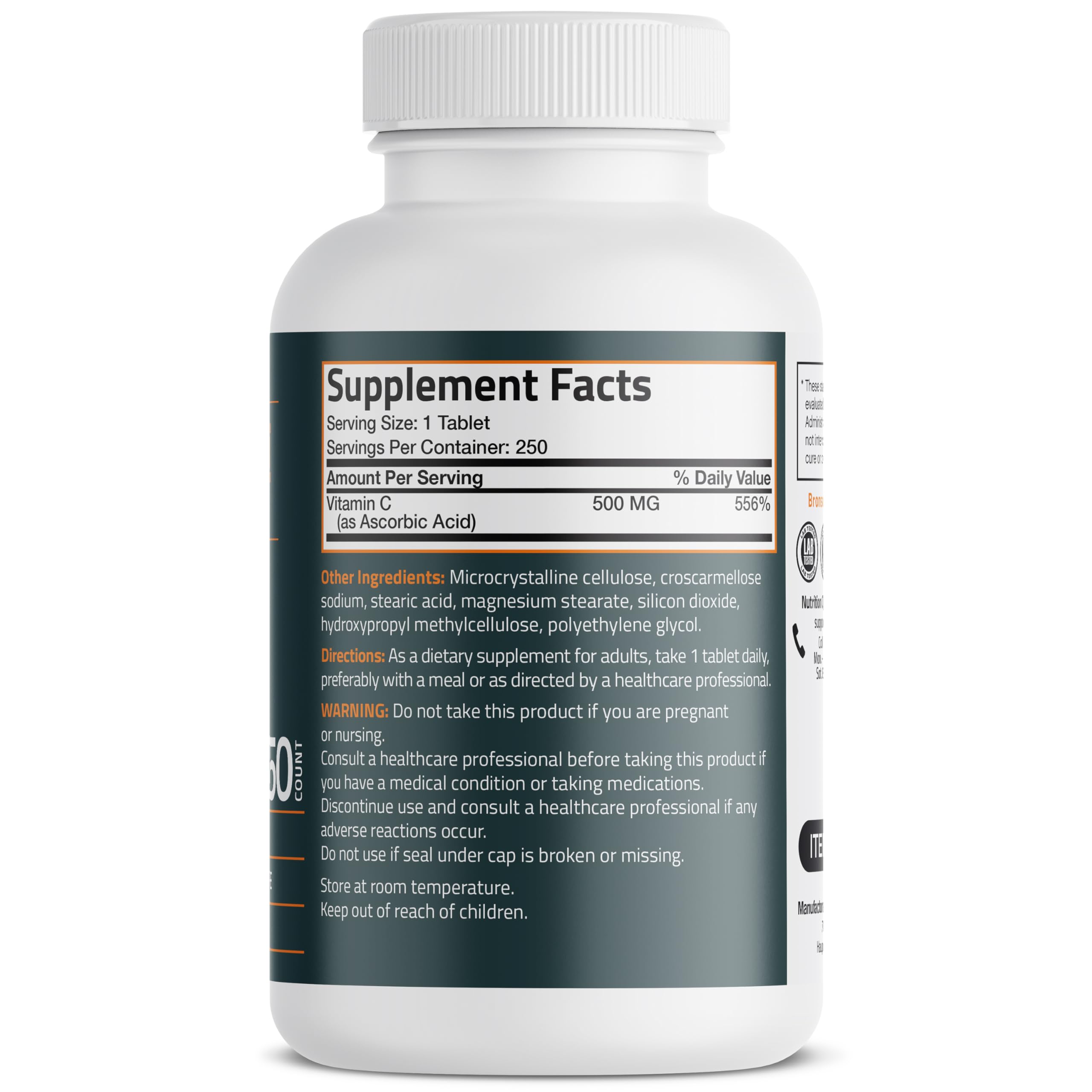 Bronson Vitamin C 500 mg bottle back label with supplement facts