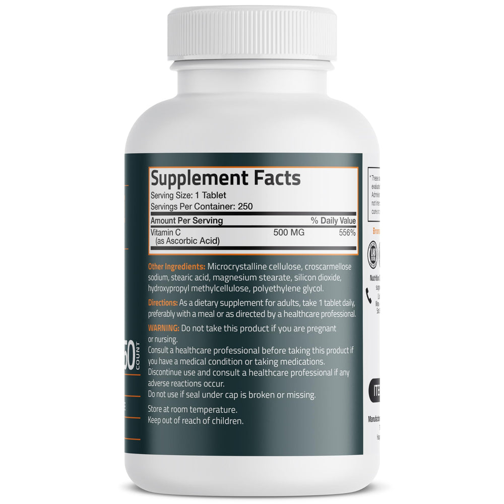 Bronson Vitamin C 500 mg bottle back label with supplement facts