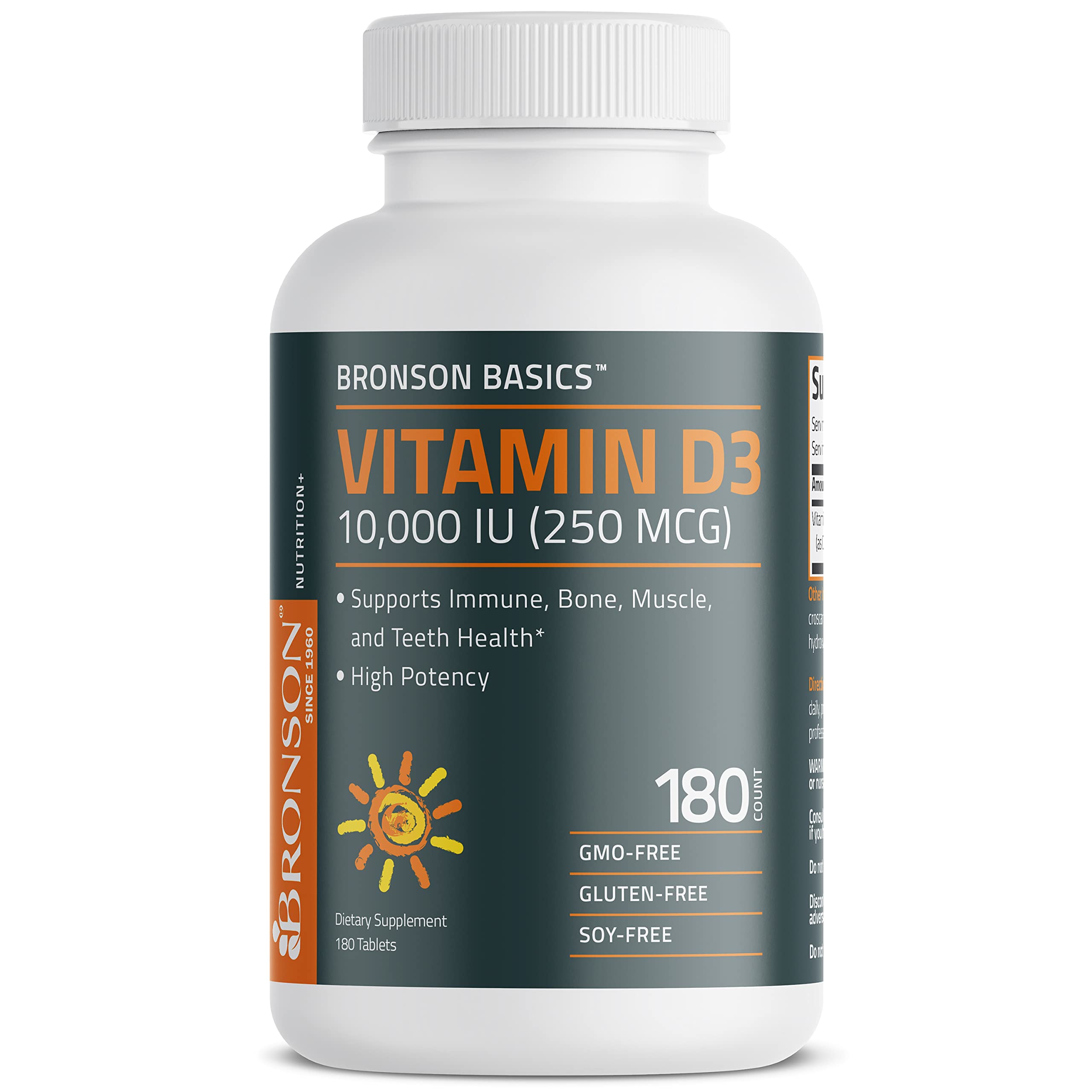 Nutrition information panel on Bronson Vitamin D3 10,000 IU bottle