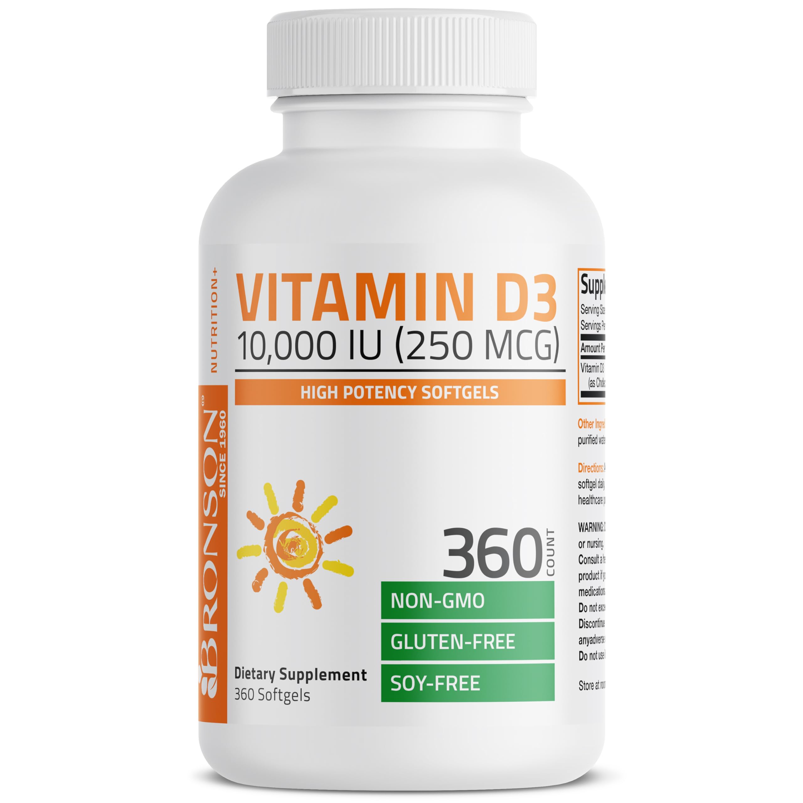 Vitamin D3 10,000 IU packaging with non-GMO and gluten-free icons
